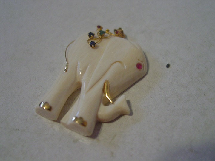 Vintage 14K Carved Elephant Pendant w/ Sapphires, Rubies and Emeralds