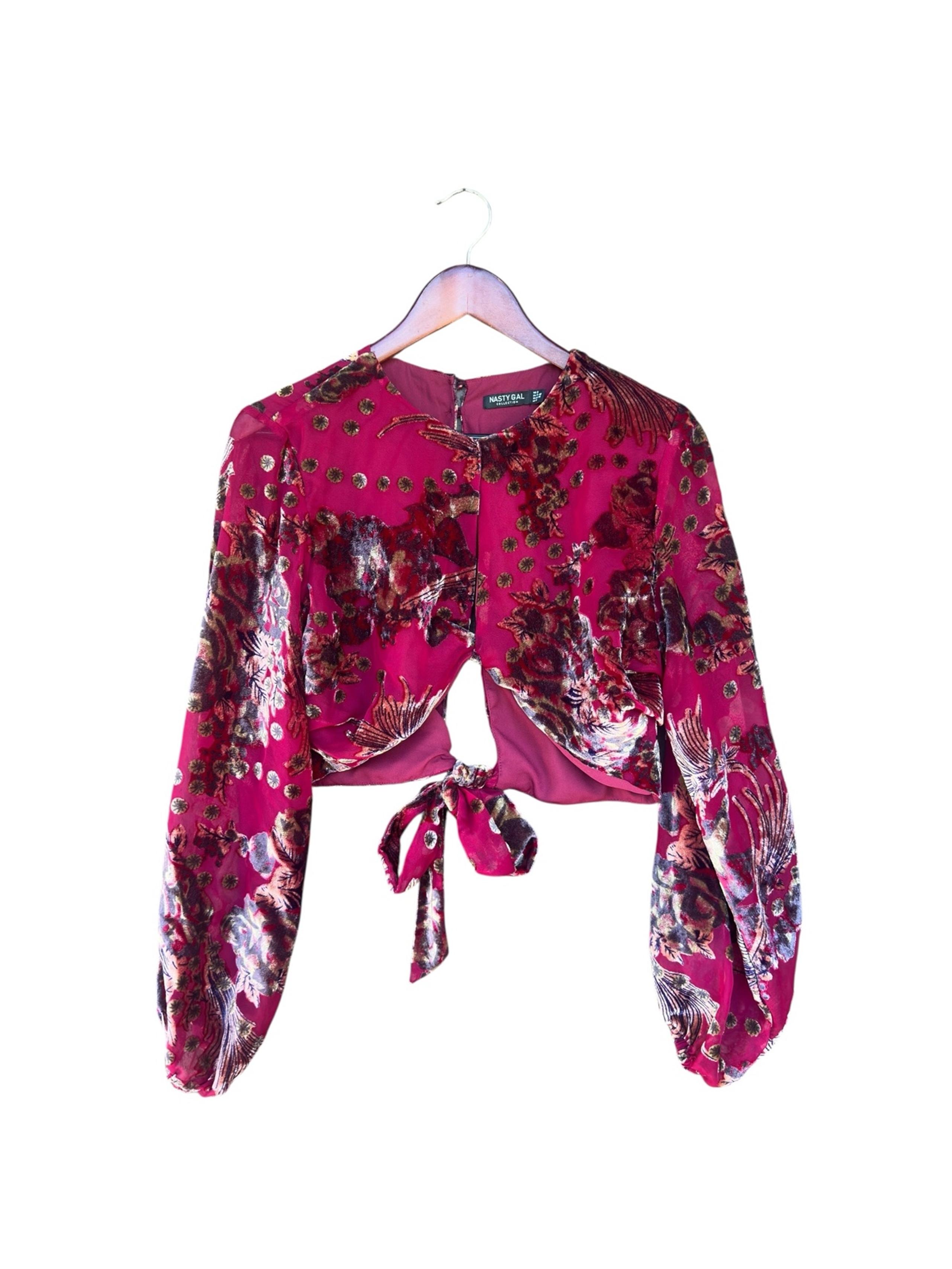 Nasty Gal women’s Velvet Floral Crop Top Tie Back Long Sleeve Blouse 8 Medium