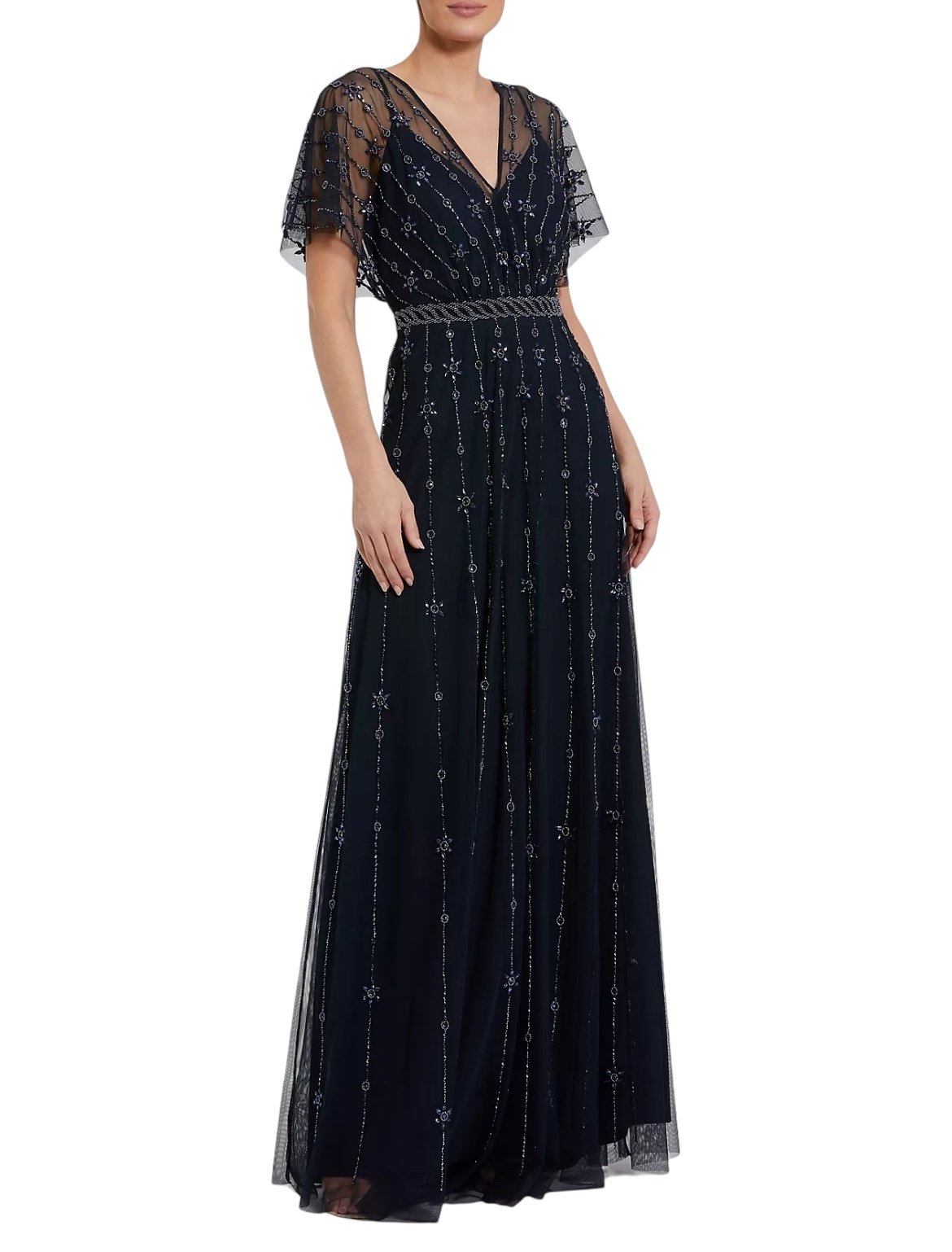 Mac Duggal New 9223 Crystal Embellished Midnight Flutter Sleeve A Line Gown 18