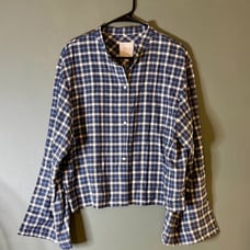 New TWP Blue Plaid top with Stand Collar with exaggerated sleeves, size XL
