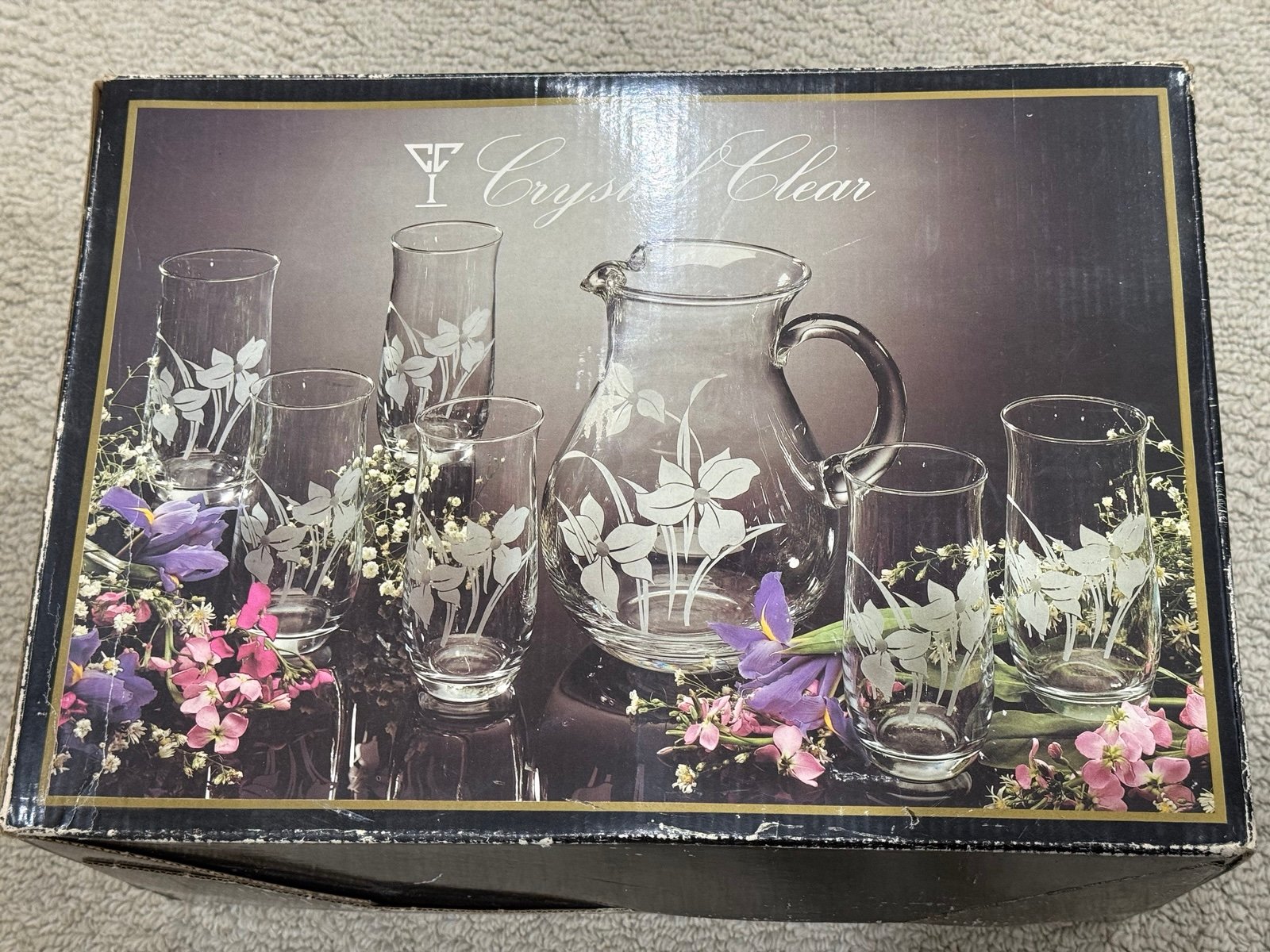 Vintage Crystal Clear Industries Iris Frost Hand Cut Crystal Pitcher Set New
