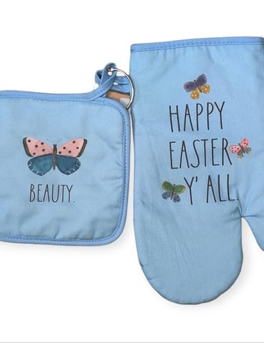 Rae Dunn Blue Happy Easter Y'all Kitchen Oven Mitt and Potholder Set Butterfly