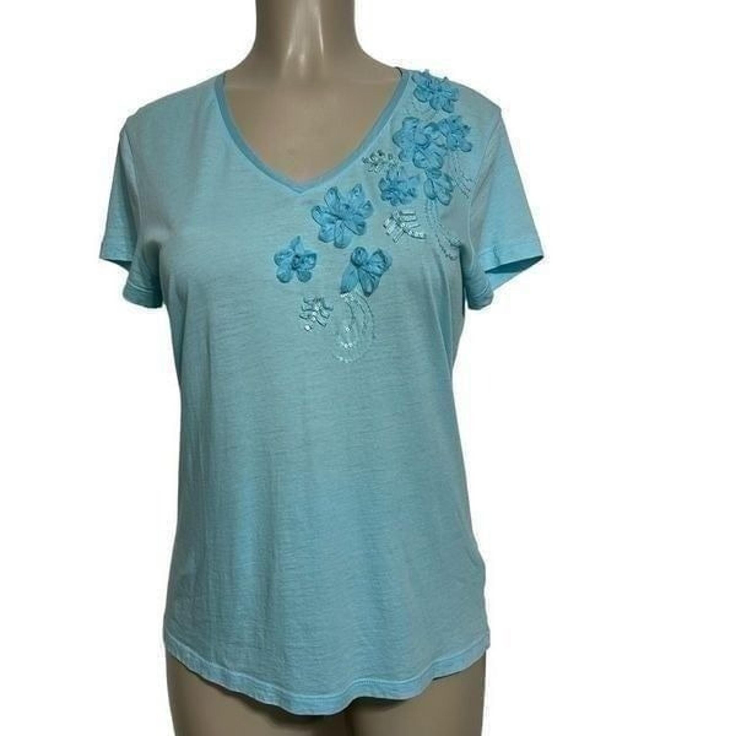 Izod Tee Short Sleeve Women's Size M Blue V-Neck Floral Pullover Cotton T-Shirt