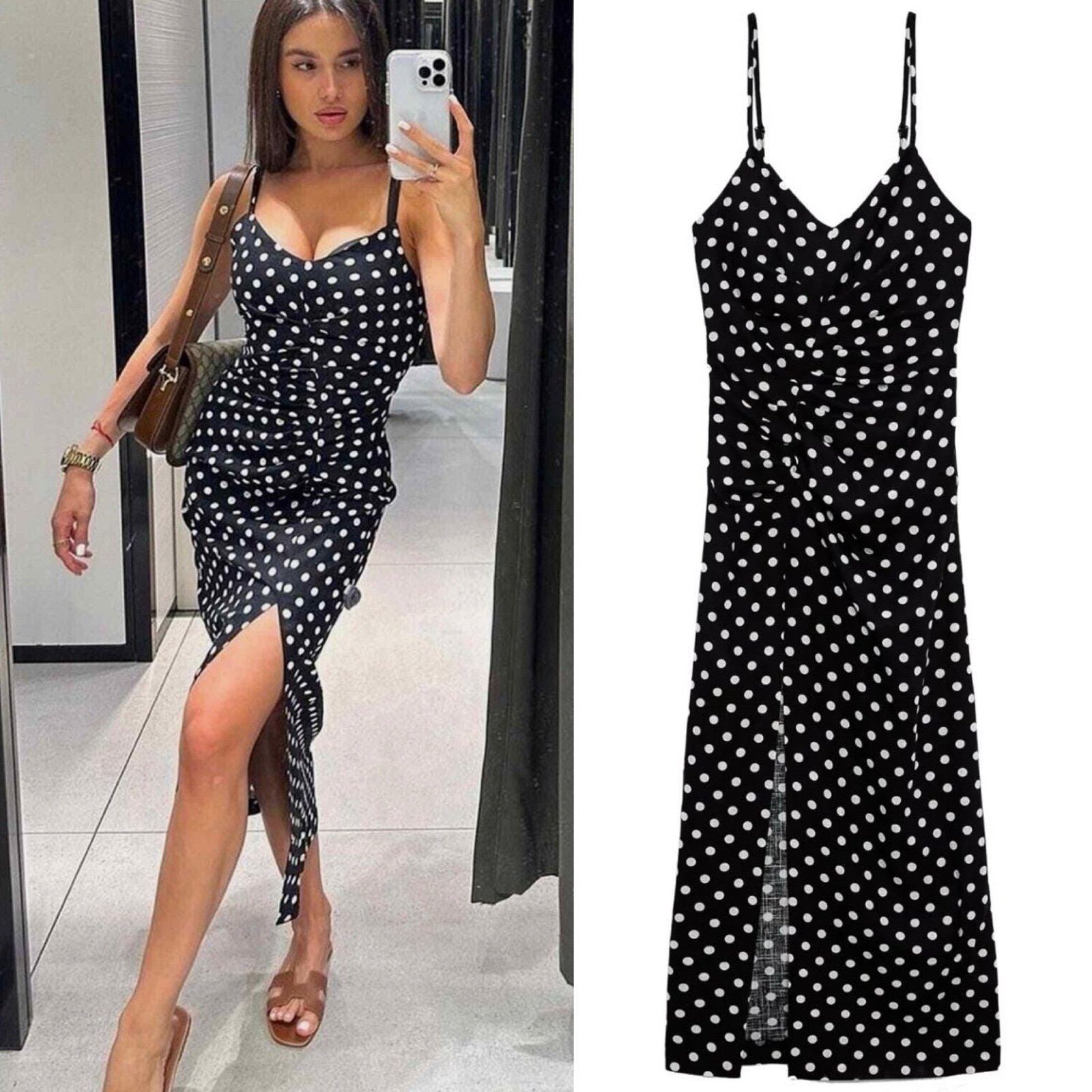 ZARA Black Ecru Linen Blend Polka Dot Dress size XS 7812/606 Midi Dress