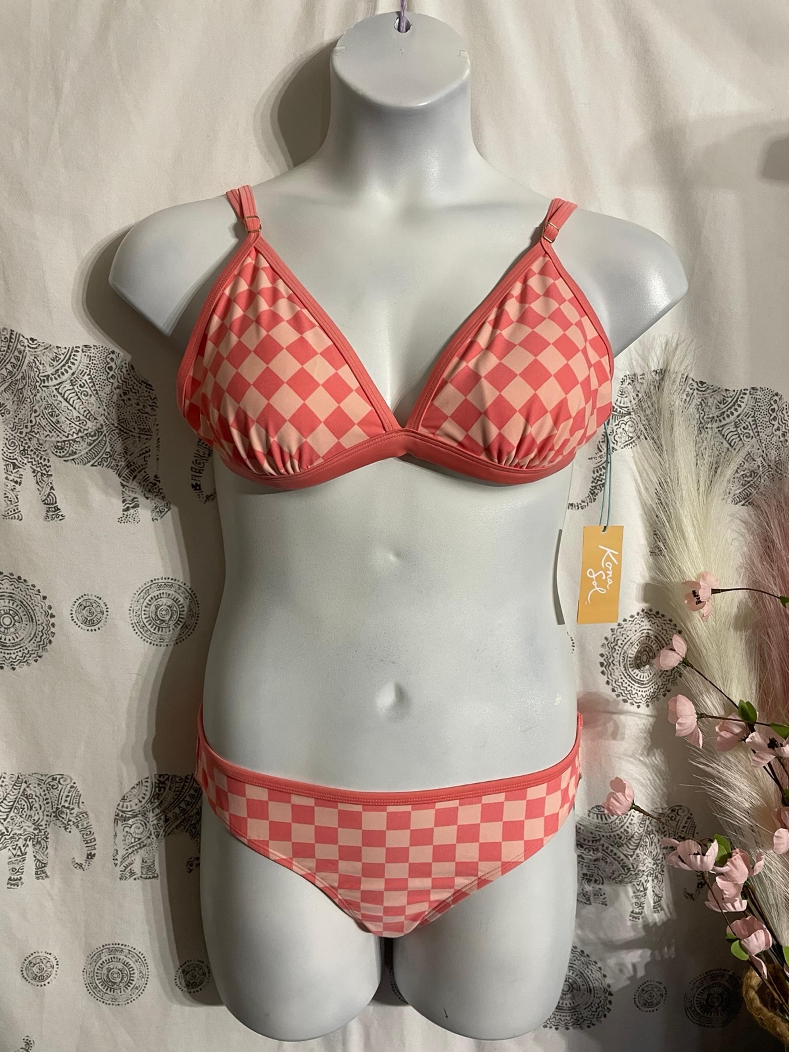 Women’s Large (top) Medium (bottom) Kona Sol Orange Checkered Bikini NEW w Tags!
