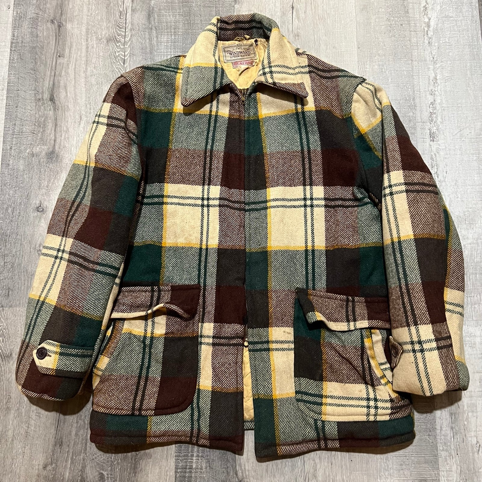 VTG 1950s Windward 100% Wool Green/Brown Plaid Heavy Outdoor Jacket
