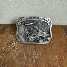 1985 Underground Mining Bergamot Brass Works Keepsake Belt Buckle display stand