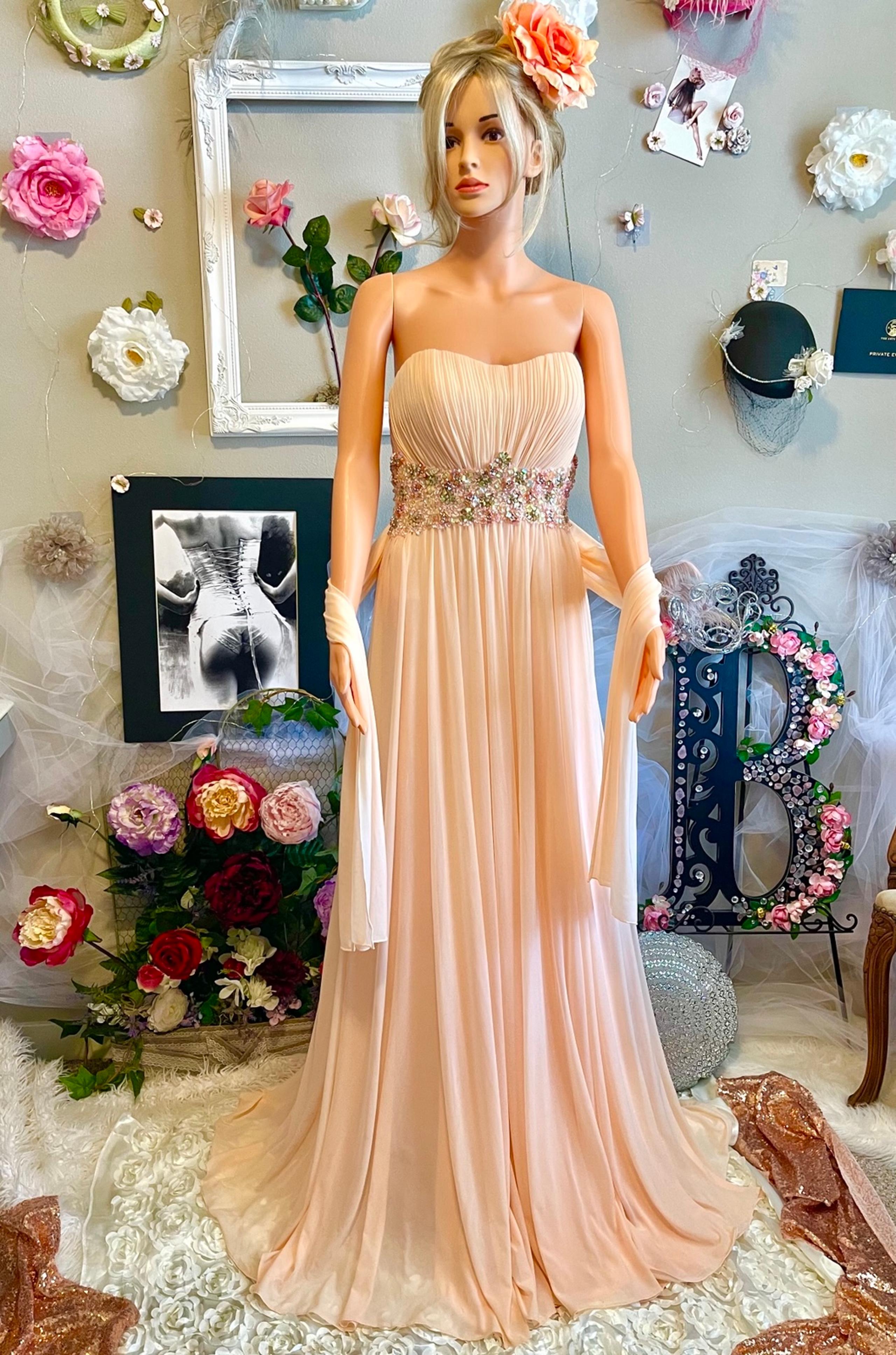 Jovani Peach Chiffon Strapless Formal Long Dress Beaded Waistband w/Shawl New