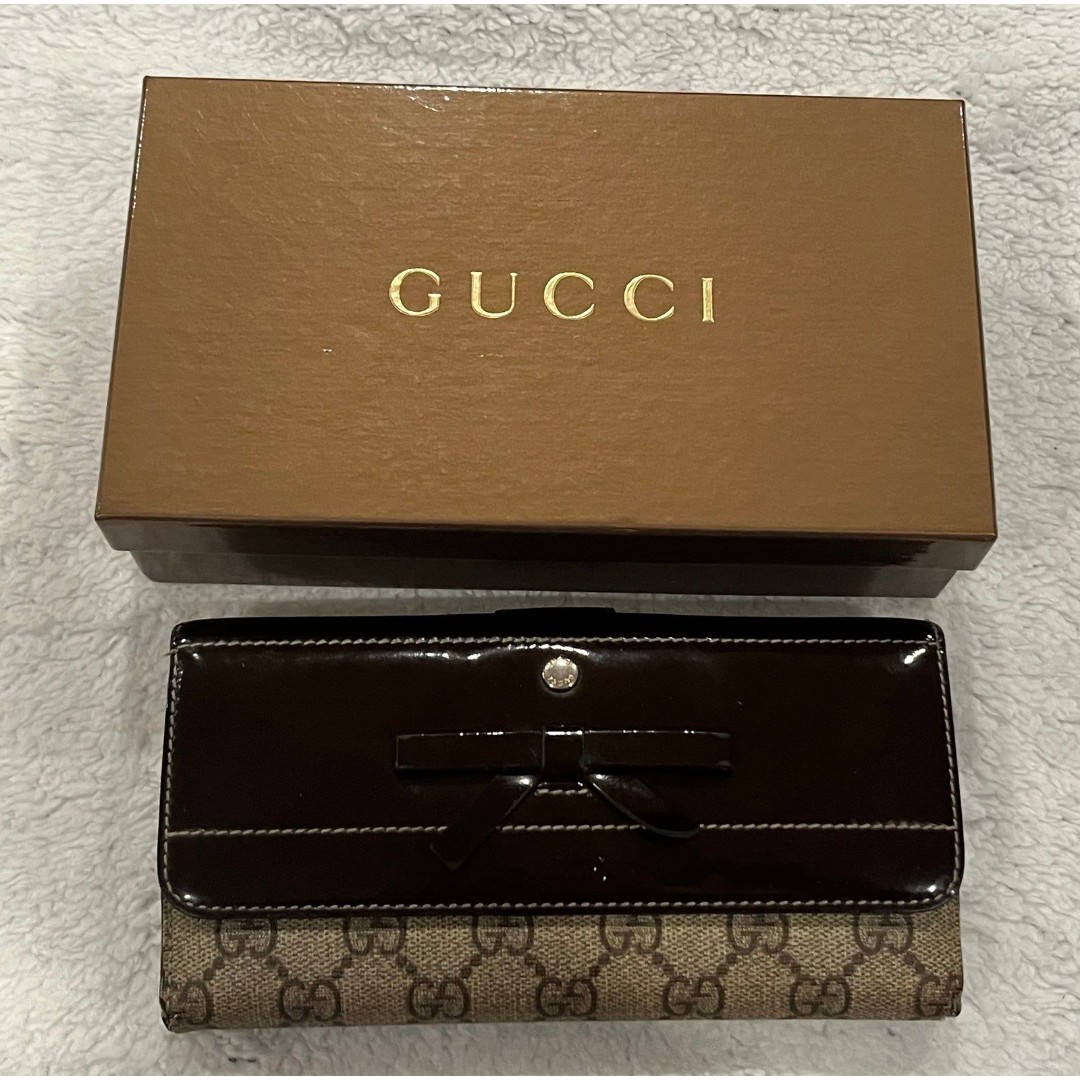 Gucci Long Wallet GG Canvas Brown Leather Patent Leather with Box Authenticated