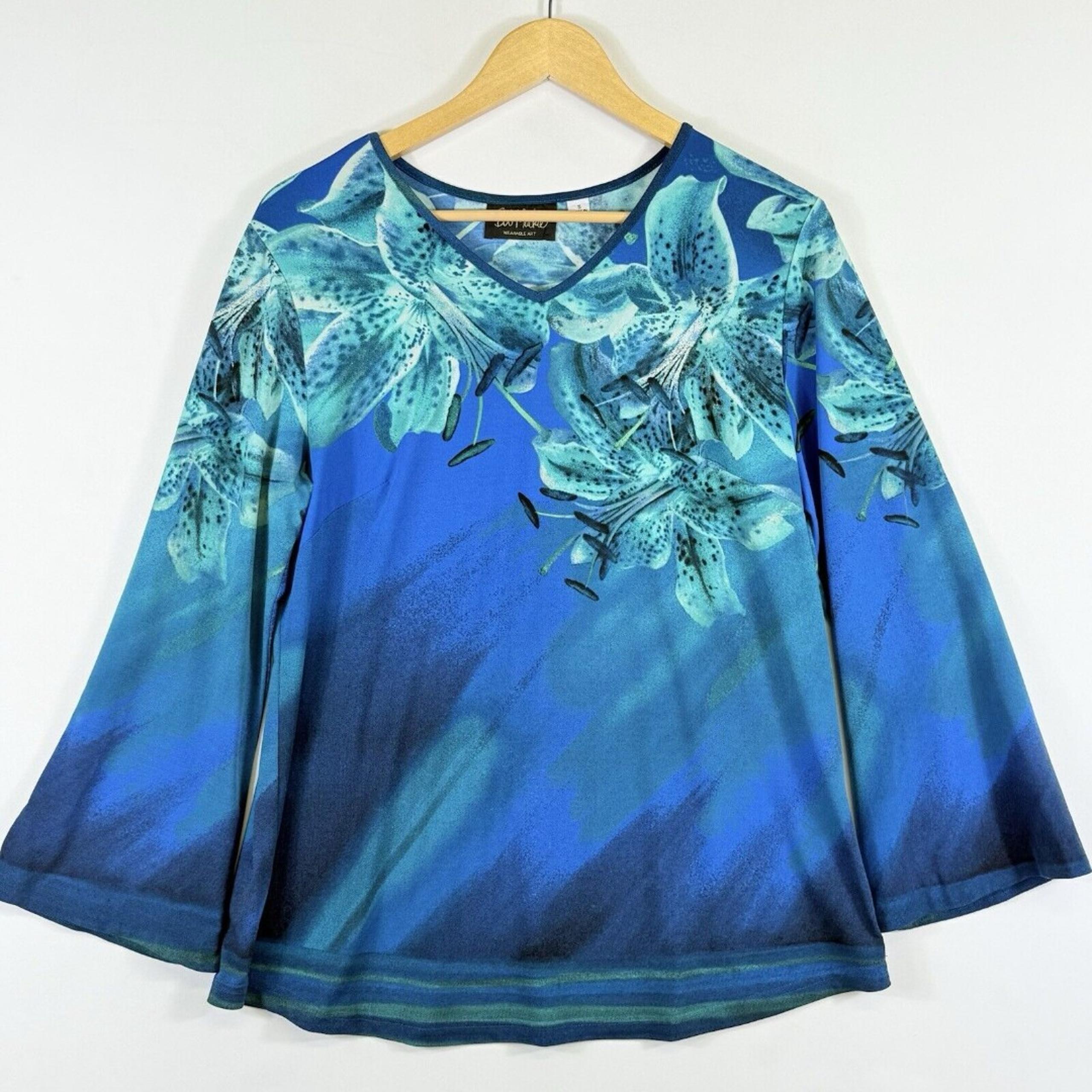 Bob Mackie Wearable Art Blue Floral 3/4 Flare Sleeve Shirt Top Women's Small
