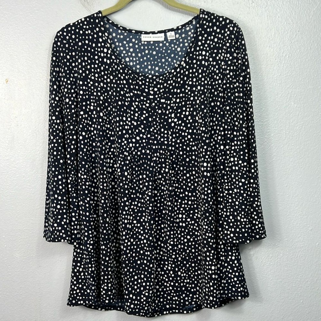 Susan Graver Dark Navy & White Polka Dot 3/4 Sleeve Top Small