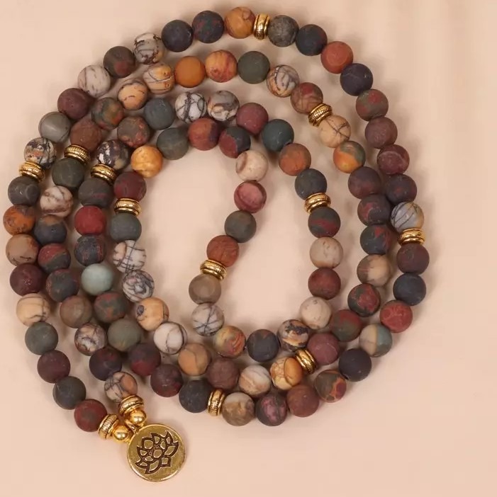 Natural Picture Jasper 108 Mala Beads Healing Gemstone Spiritual Necklace