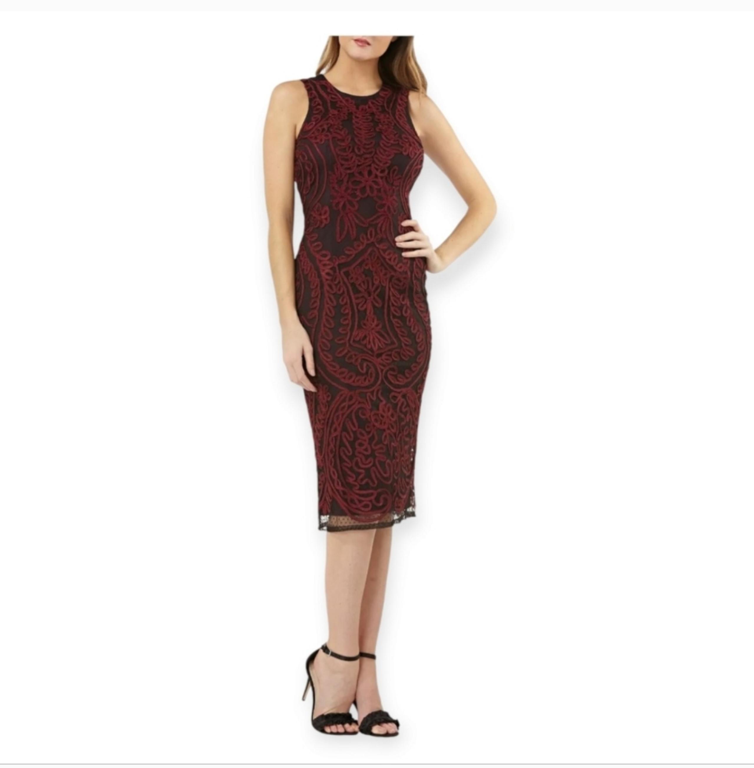 JS COLLECTIONS Dark Berry Purple Black Embroidered Soutache Lace Dress 10 US M