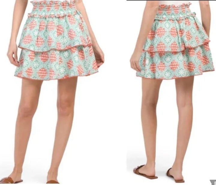 Marea Womens Cotton Floral Smocked Waist A-Line Ruffled Skirt Green Sz M