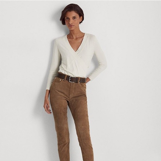 RALPH LAUREN Wrap Top Surplice Jersey Top in Cream color, Size XS, New With Tag