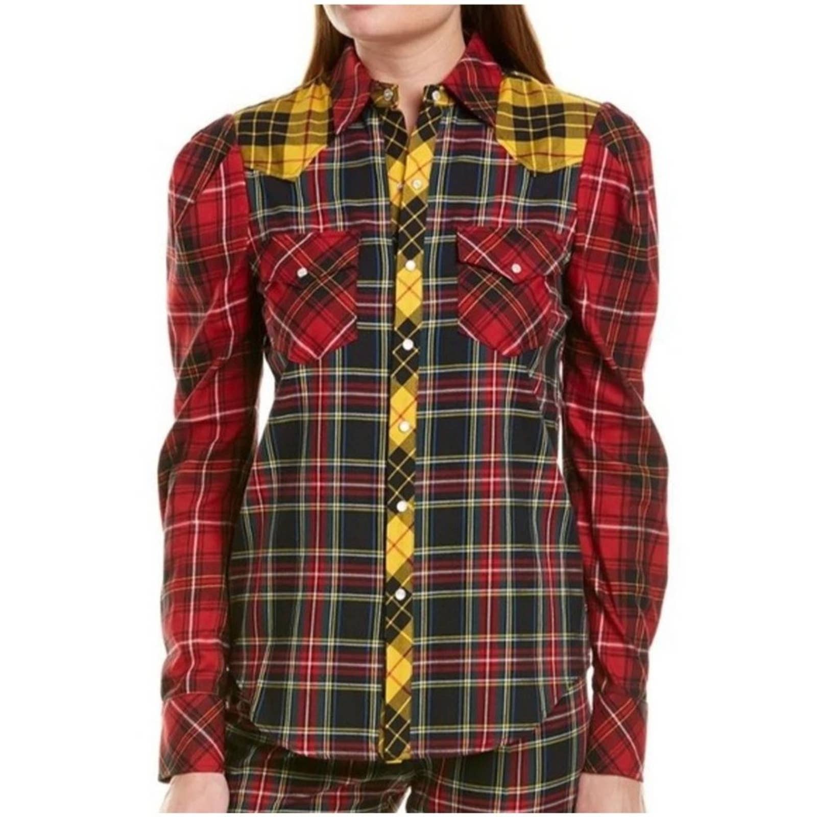 Petersyn Aldrich Tartan Plaid Western Pearl Snap Puff Sleeve 2024 Red Black Yellow XS
