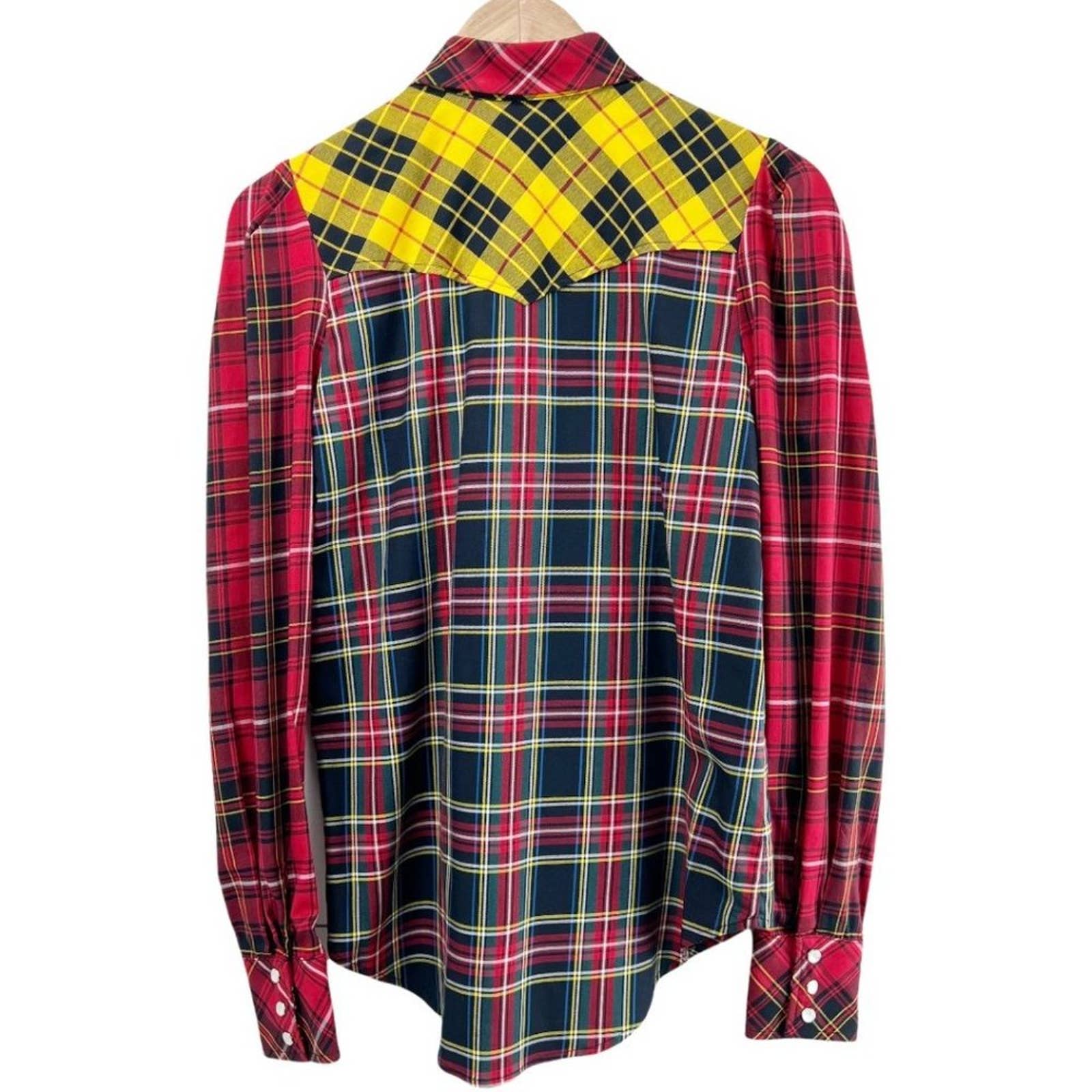 Petersyn Aldrich Tartan Plaid Western Pearl Snap Puff Sleeve 2024 Red Black Yellow XS