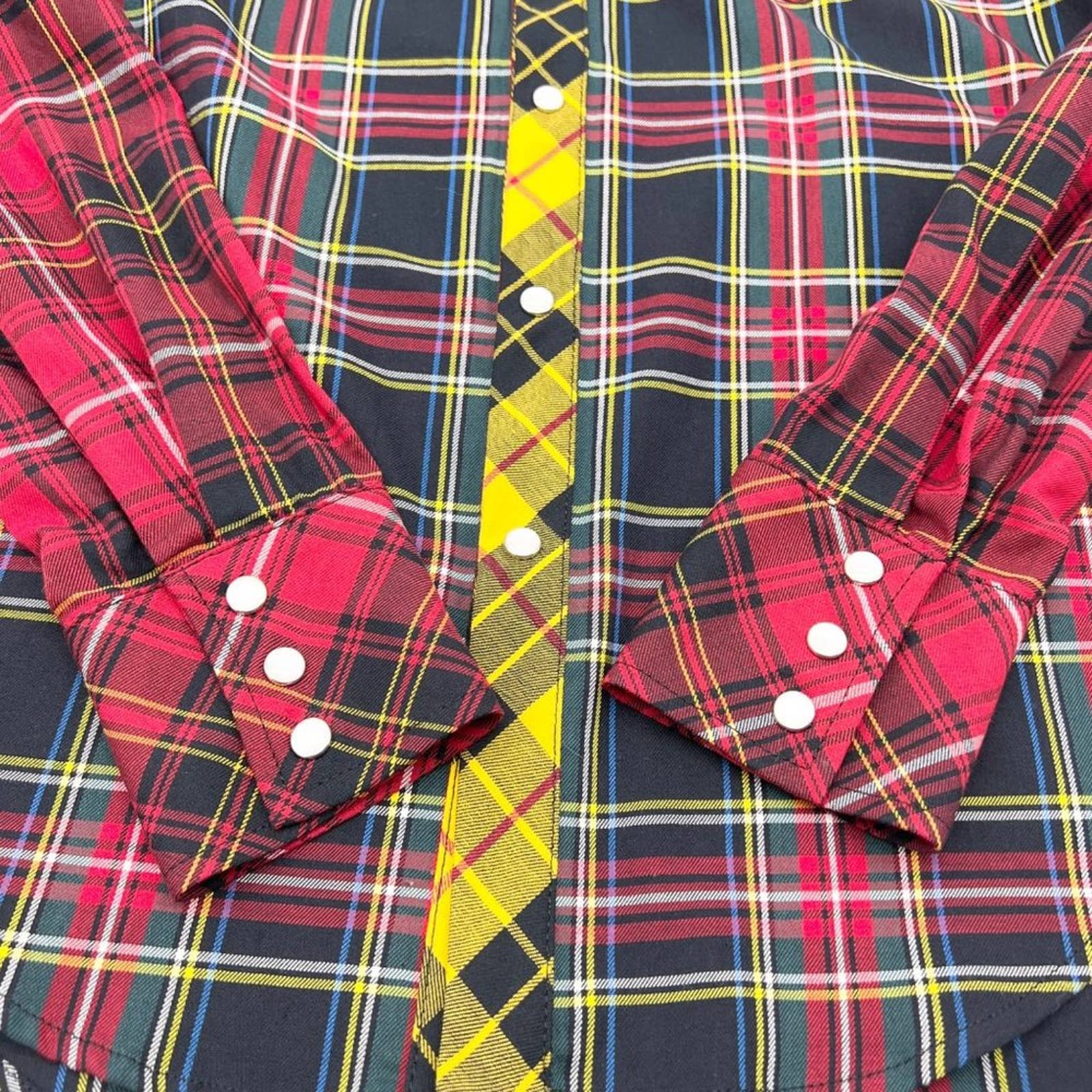 Petersyn Aldrich Tartan Plaid Western Pearl Snap Puff Sleeve 2024 Red Black Yellow XS