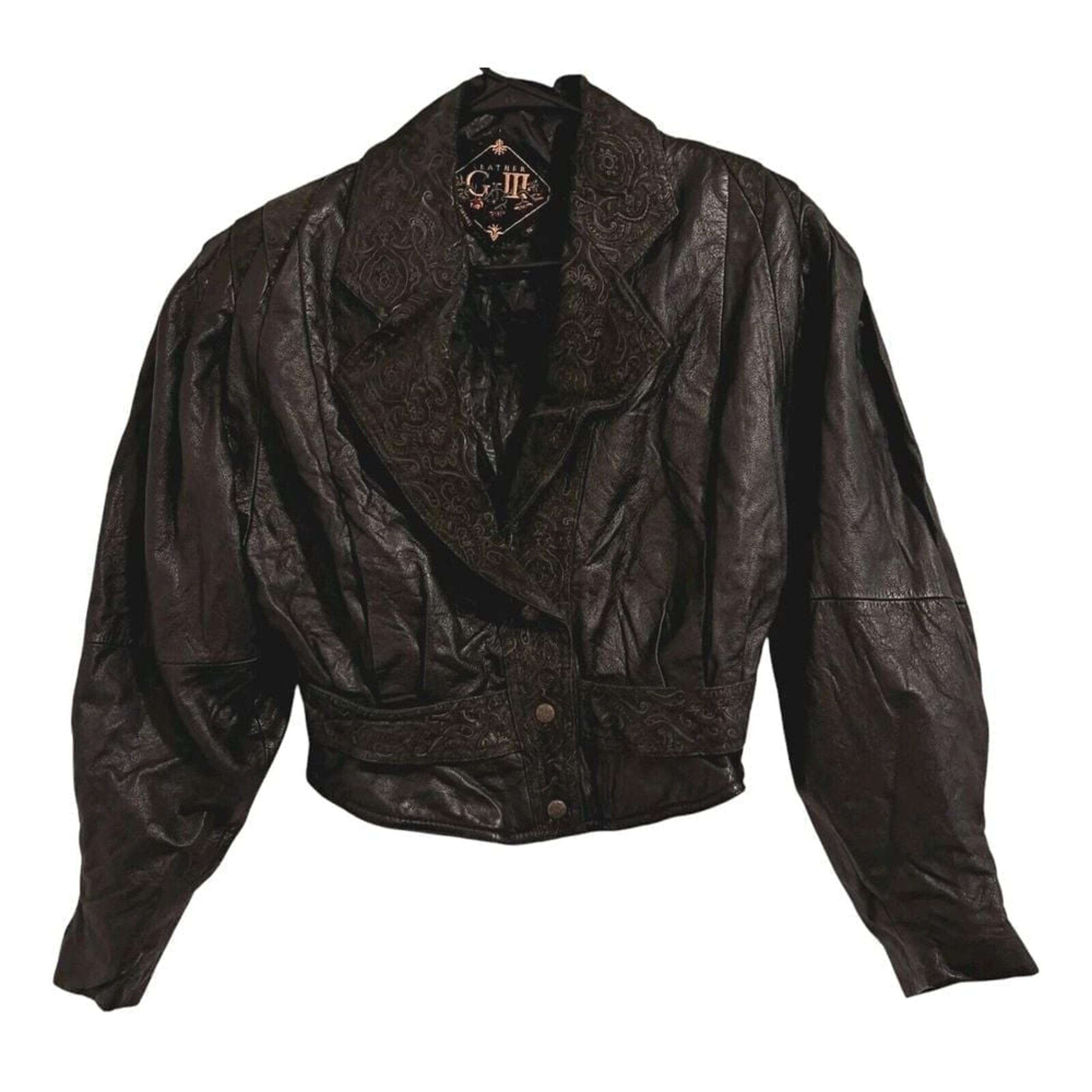 Vintage 80s G-III 100% Leather Jacket w Embossed Crop Hi-Lo Black Womens Biker S
