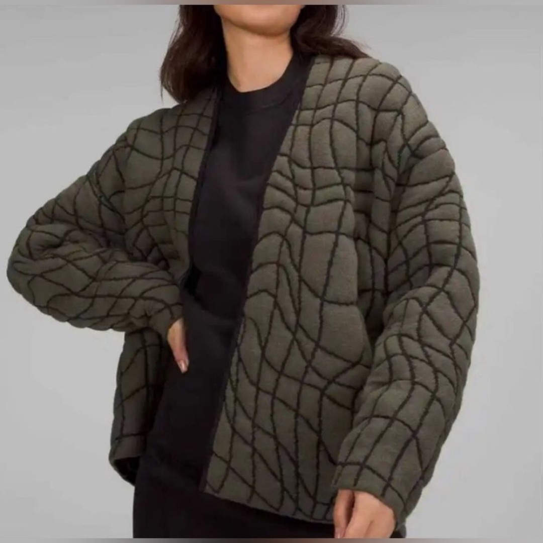 Lululemon Insulated Jacquard Cardigan Army Green Merino Wool Blend, Size 12