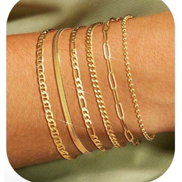 Gold Plated Stainless Steel 6pc Bracelet Chain Set