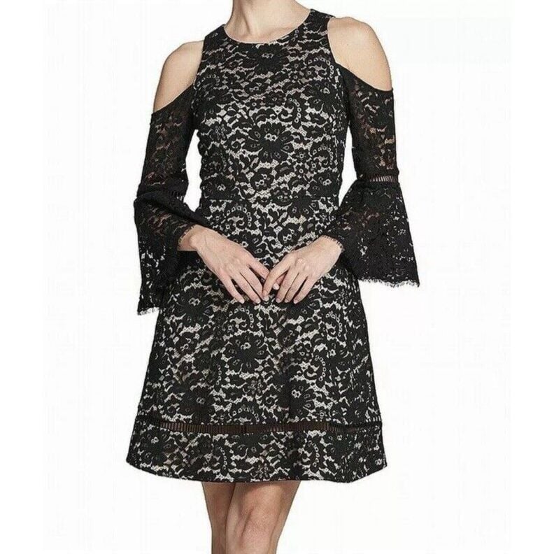 ELIZA J Black Lace Cold Shoulder Bell Sleeves Flare Party Dress 16 W Brand NEW