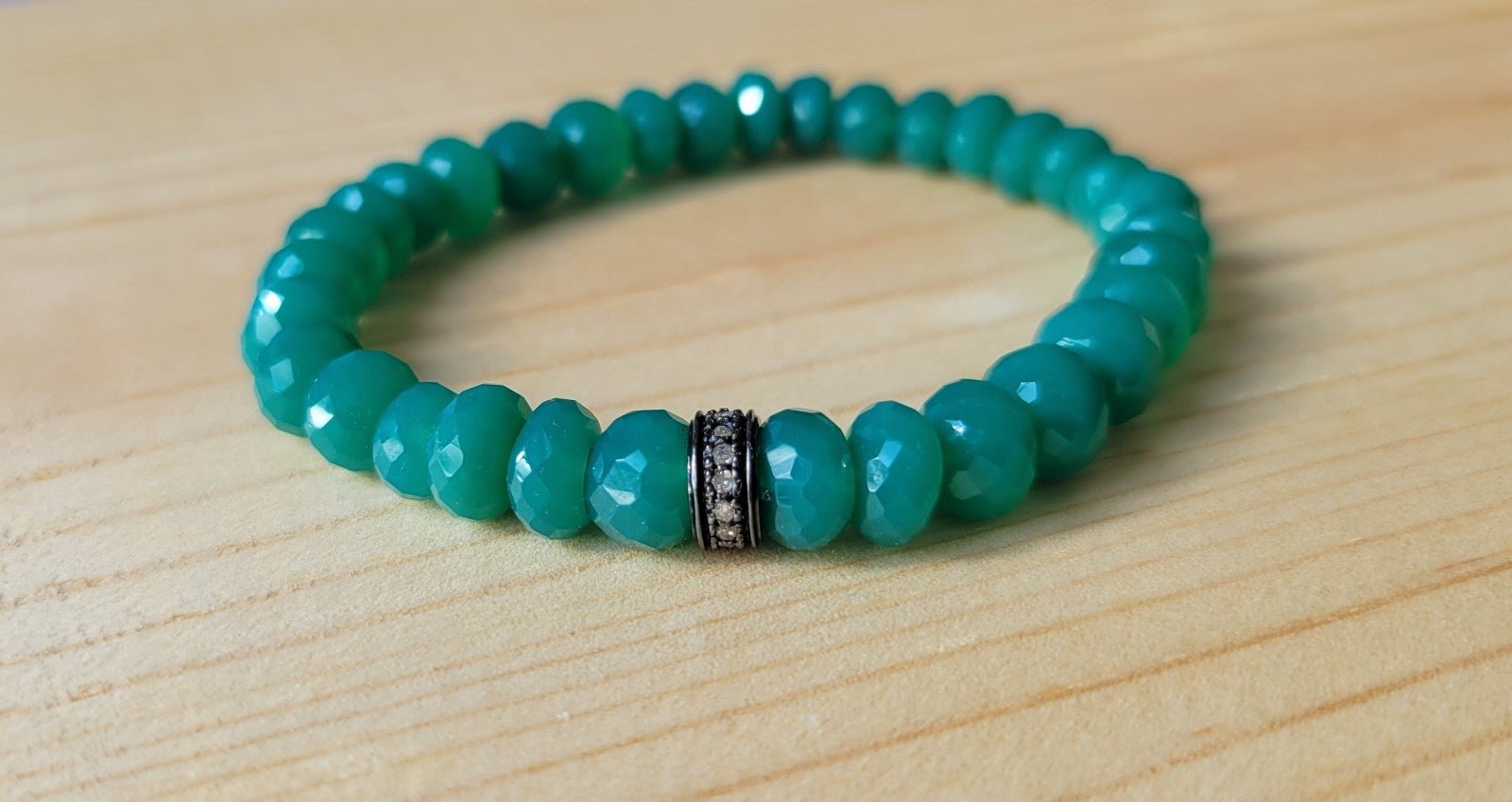 Green Onyx and Sterling Silver Authentic Pave Diamond Rondelle Beaded Bracelet