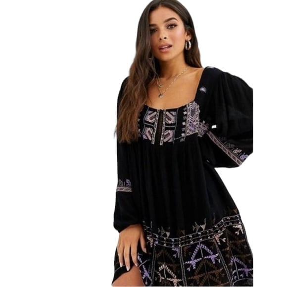 NWT FREE PEOPLE Rhiannon Embroidered Baby Doll Long Sleeve Mini Dress Si…