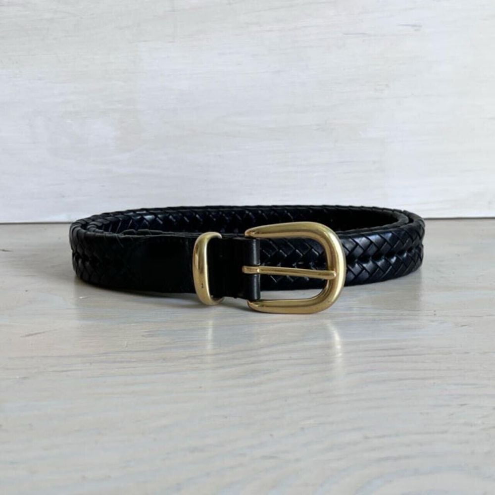 Vintage COACH Black Leather Braided Belt Men 42 Solid Brass