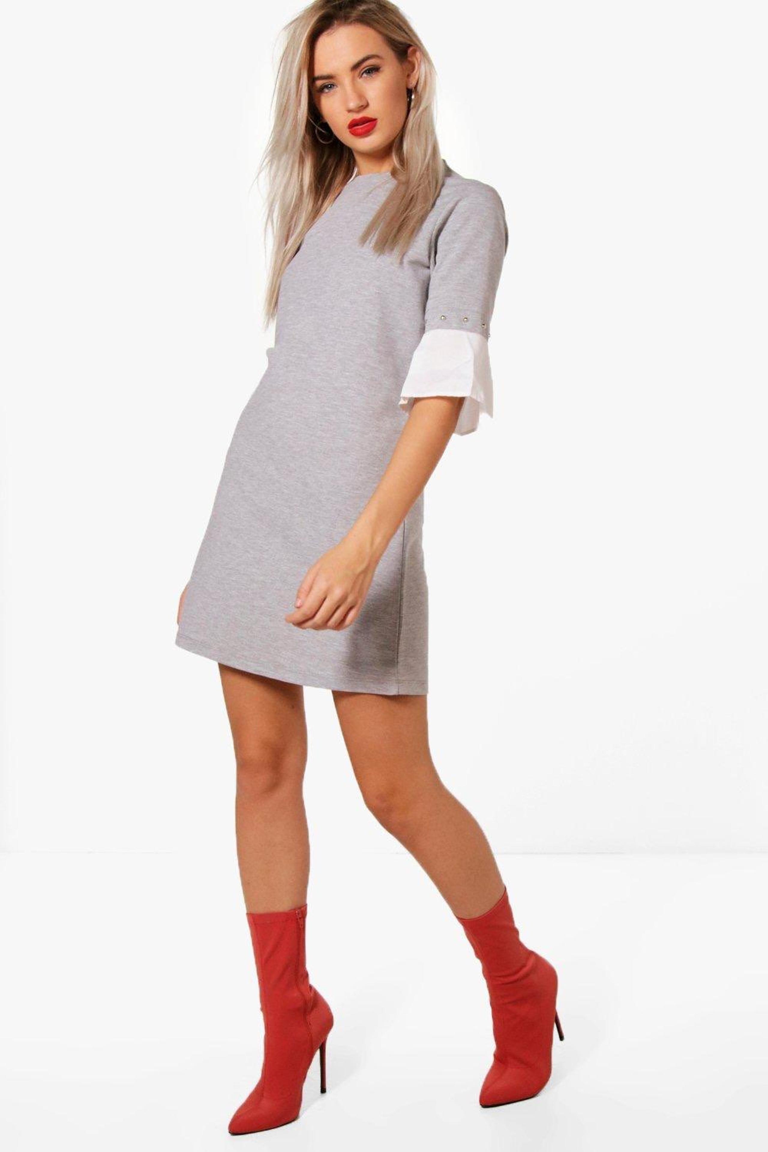 Bec Woven Sleeve Detail Stud Sweat Dress