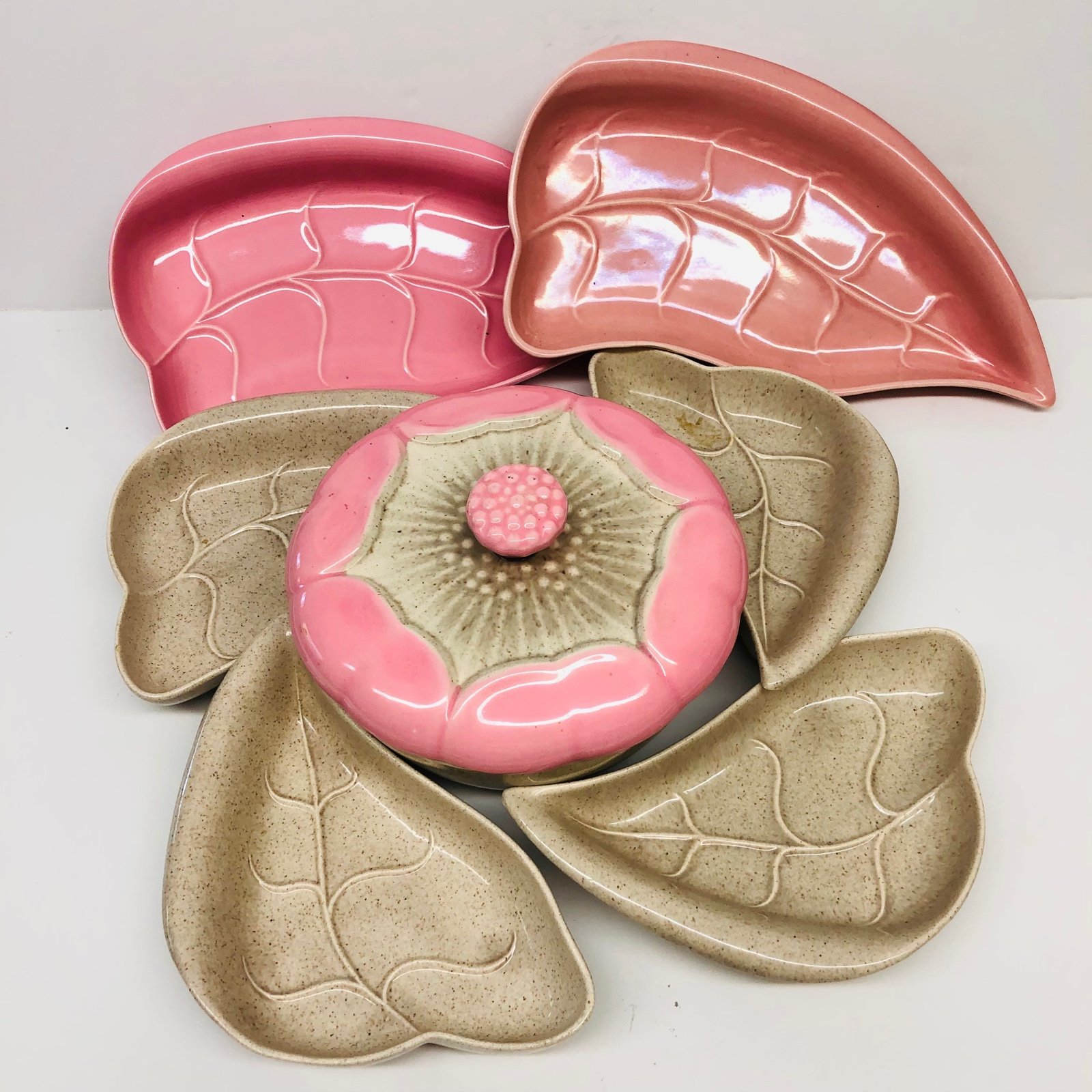 California Pottery Valley Vista Set of Serving Dish Leaves and Lidded Bowl