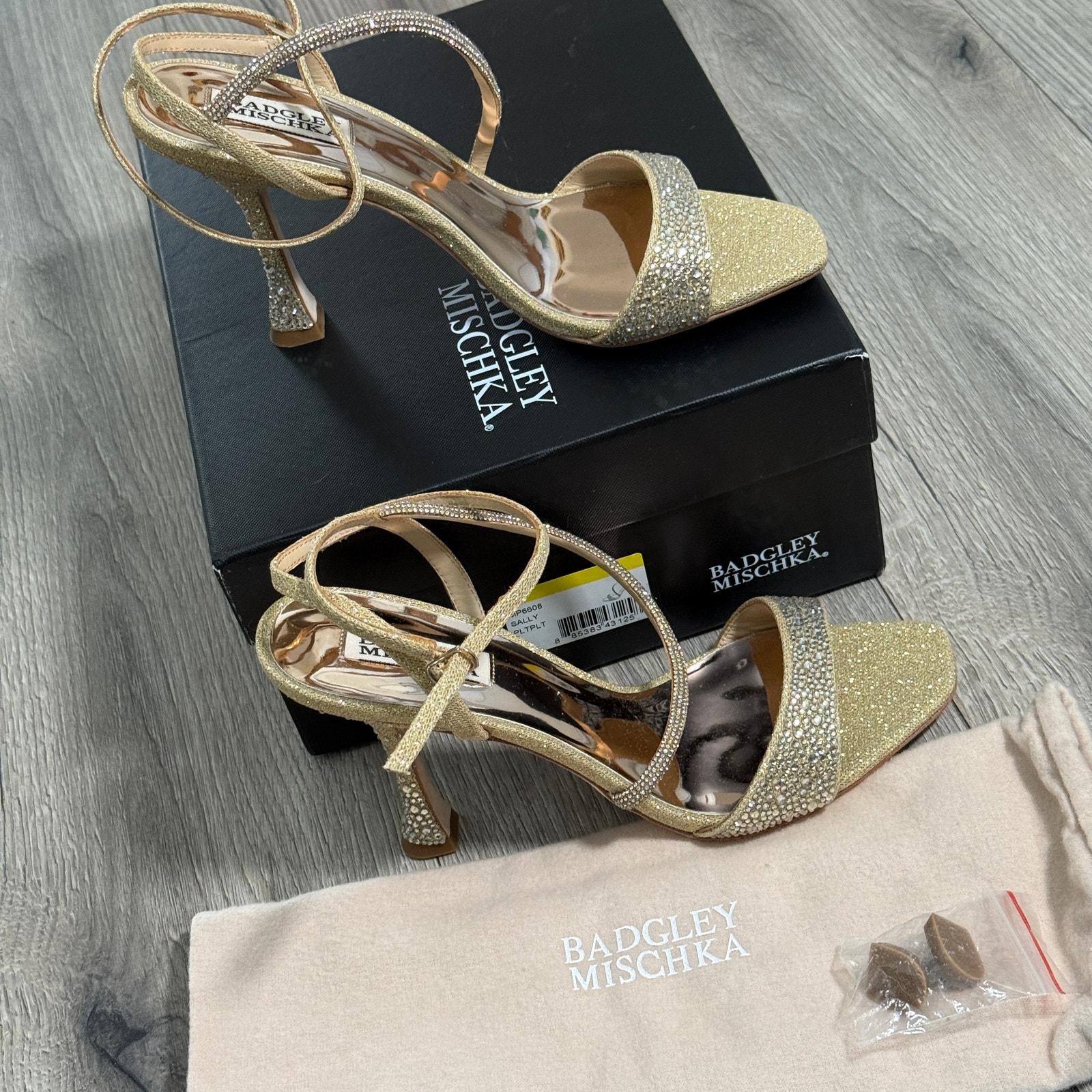 Badgley Mischka Sally Leather Open Toe Sandal Heels Platino W's Size 9 - 235