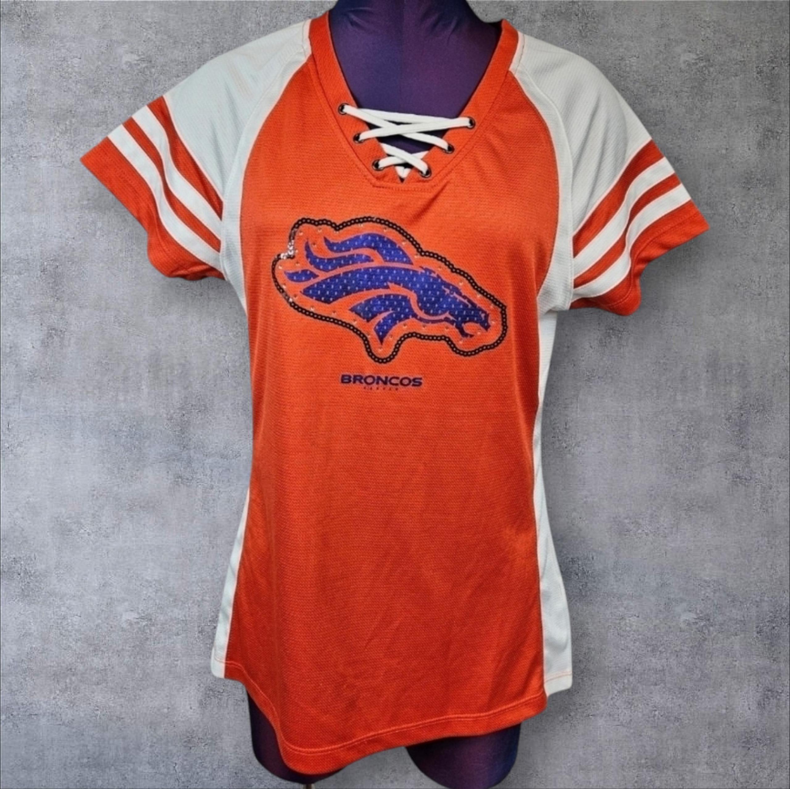 Majestic NFL Denver Broncos V-Neck Rhinestone Jersey Size Large Women's T5