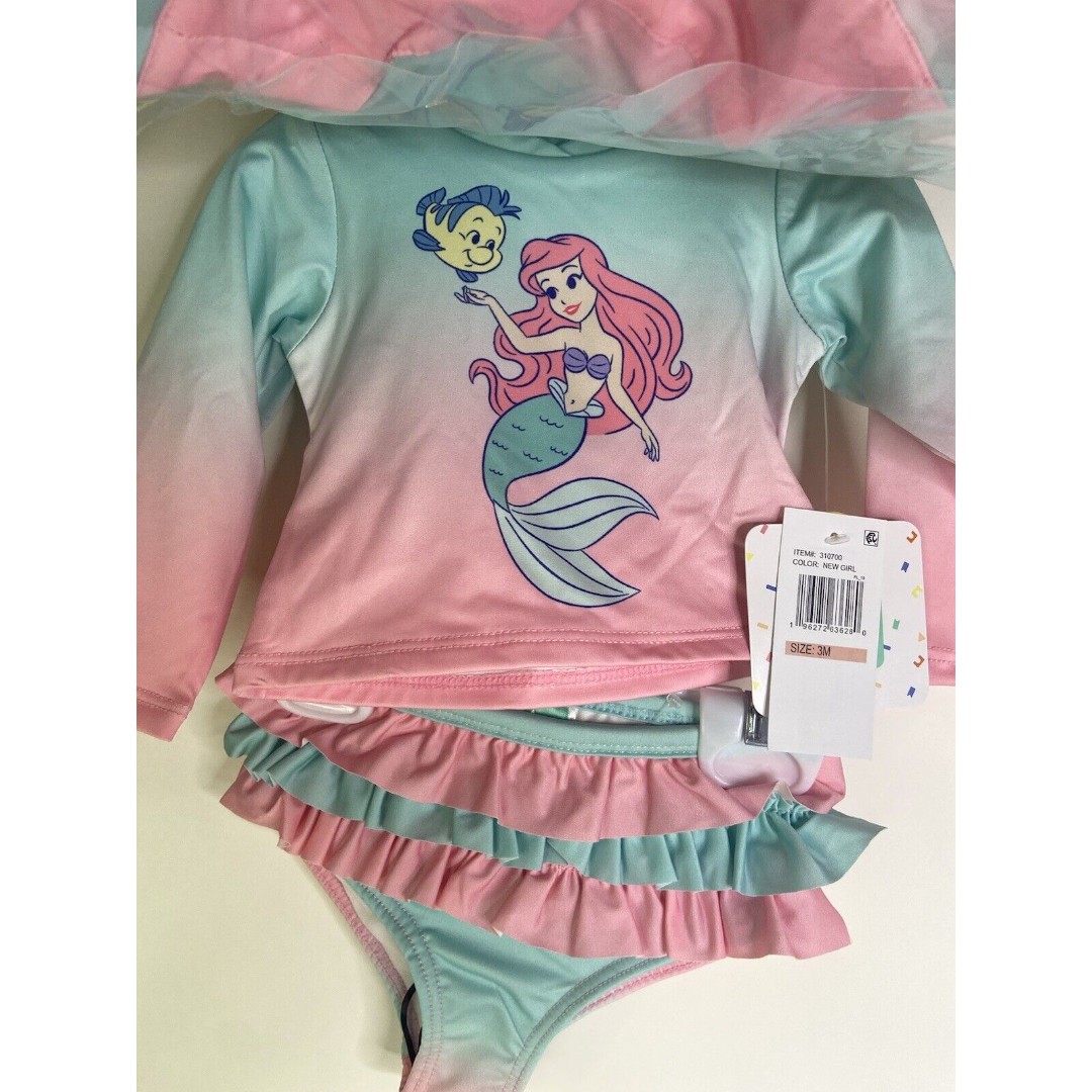 Disney Little Mermaid Ariel Rashguard Top Bottoms Hat Swim Set Swimwear 3 Months