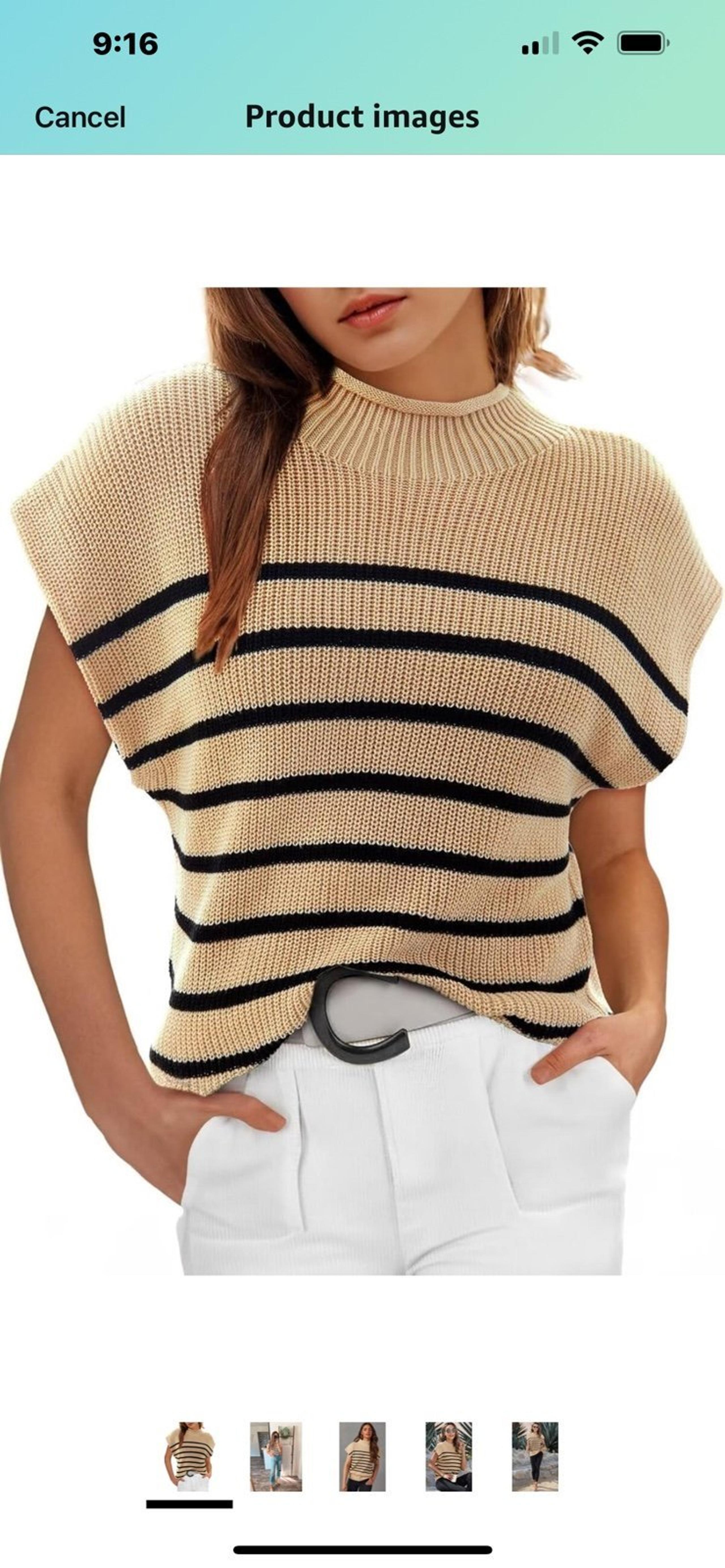 NWT Sweater Cap Sleeve Mock Neck Basic Loose Fit Ribbed Knit Pullover Striped Sw