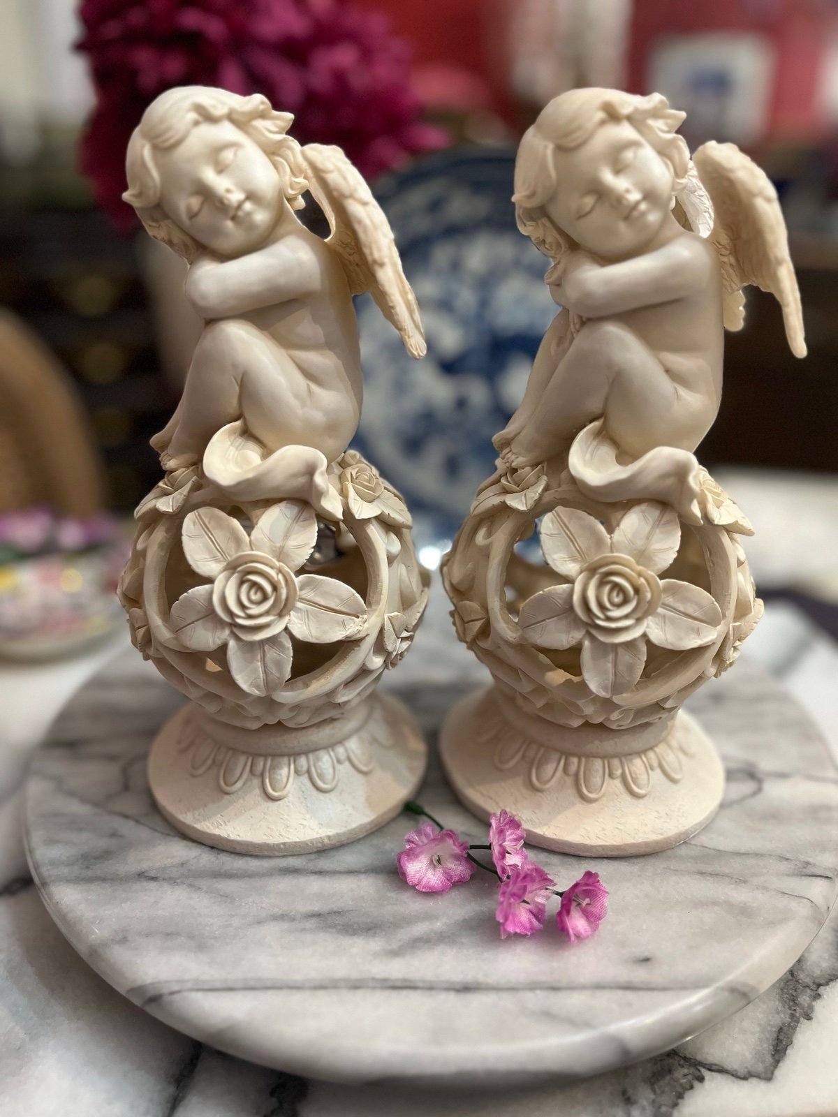 2 Exquisite Sweet Cherub Angels in repose on Carved Floral Resin Spheres