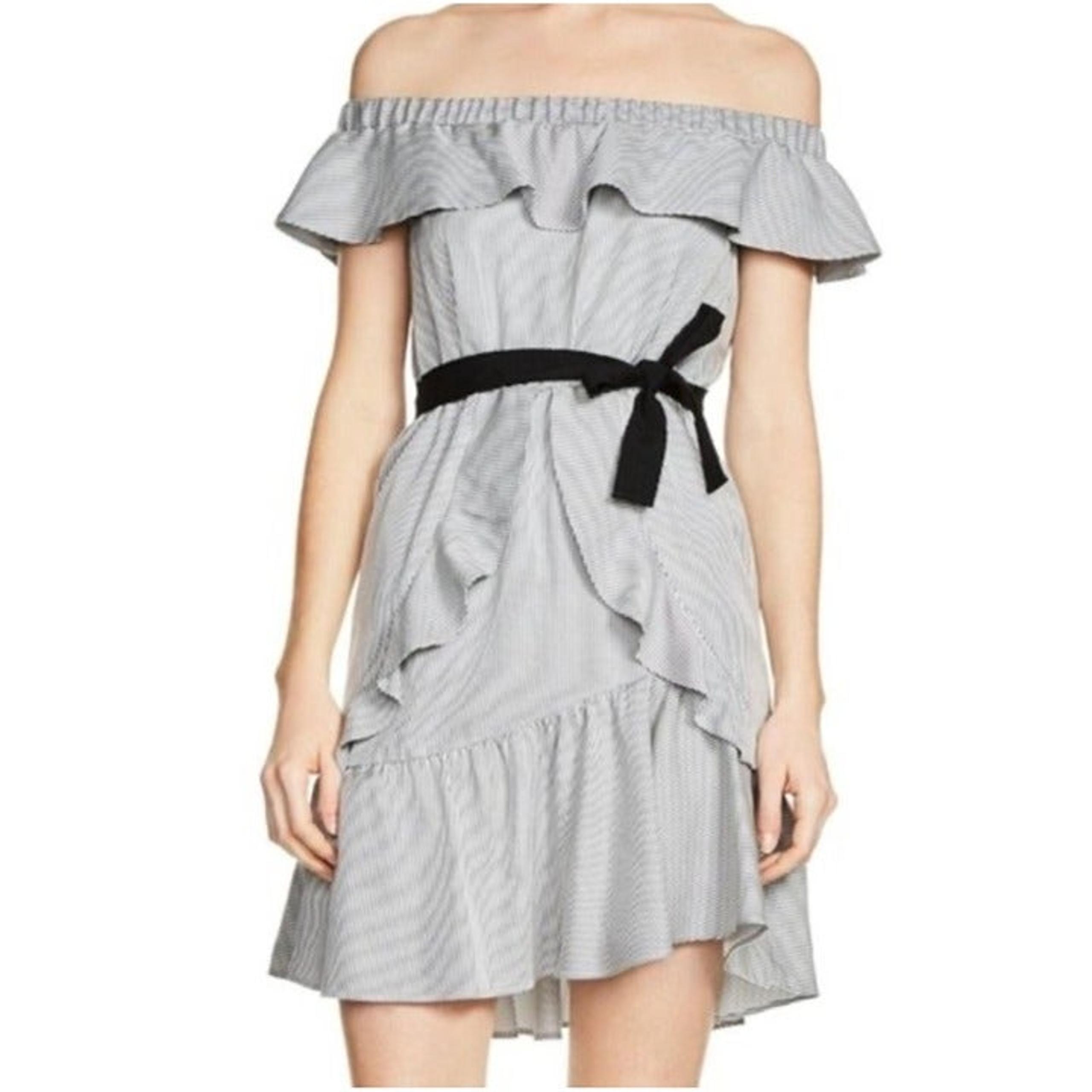 Maje Rigate Off The Shoulder Ruffle Mini Dress Black White Stripe Women's Size 1