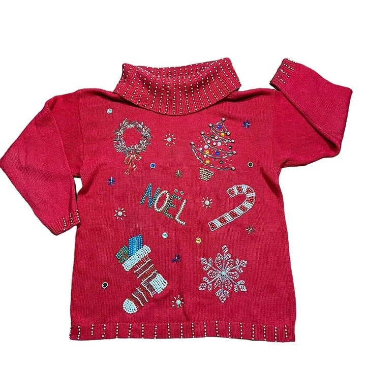 Vtg Victoria Jones Hand Beaded Christmas Holiday Chunky Turtleneck Sweater Sz L