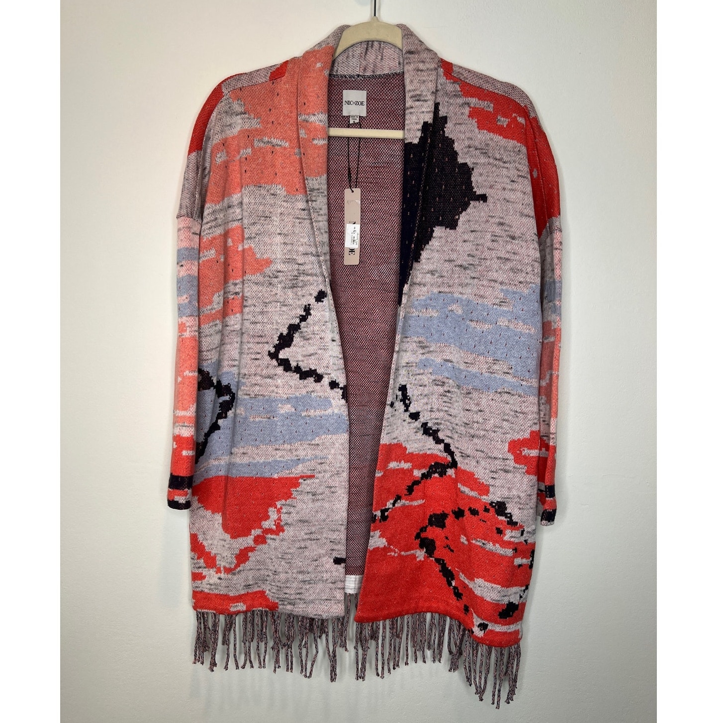 Nic+Zoe Fringe Forward Long Sweater Jacket Orange Blue Abstract Western Sz S