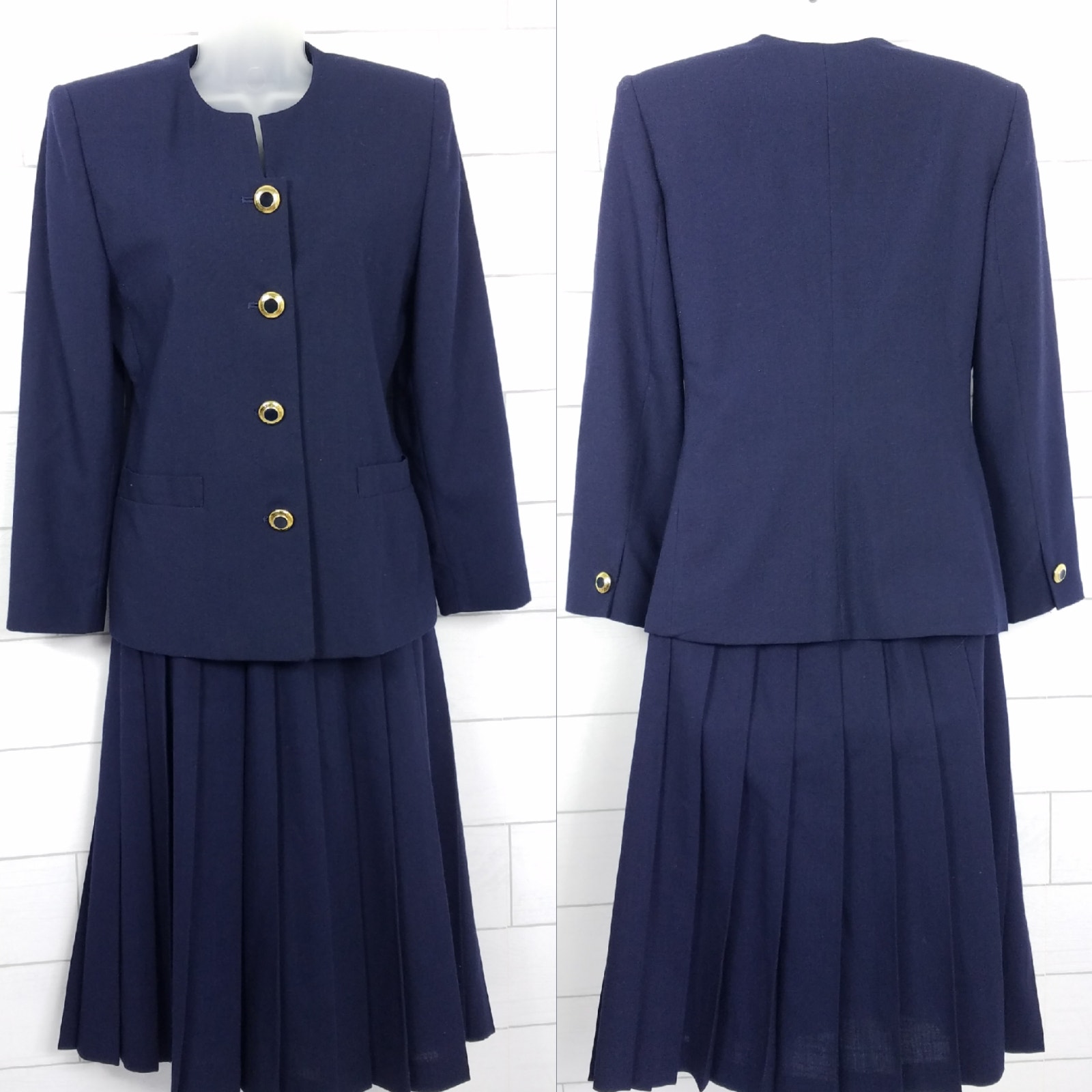 JG Hook size 4P Vintage Skirt Suit Navy Blue 1980s Blazer Jacket Midi Pleated