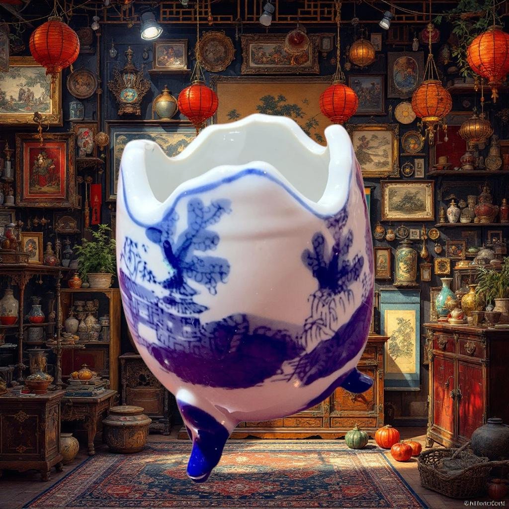 Vintage, egg shaped planter. Blue & White Chinese porcelain. 3.5 x 3