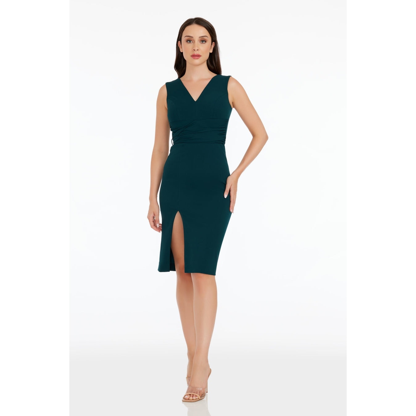 Dress the Population Crepe Alessia Dress V-Neck Tie Waist Pine Green Size L NWT