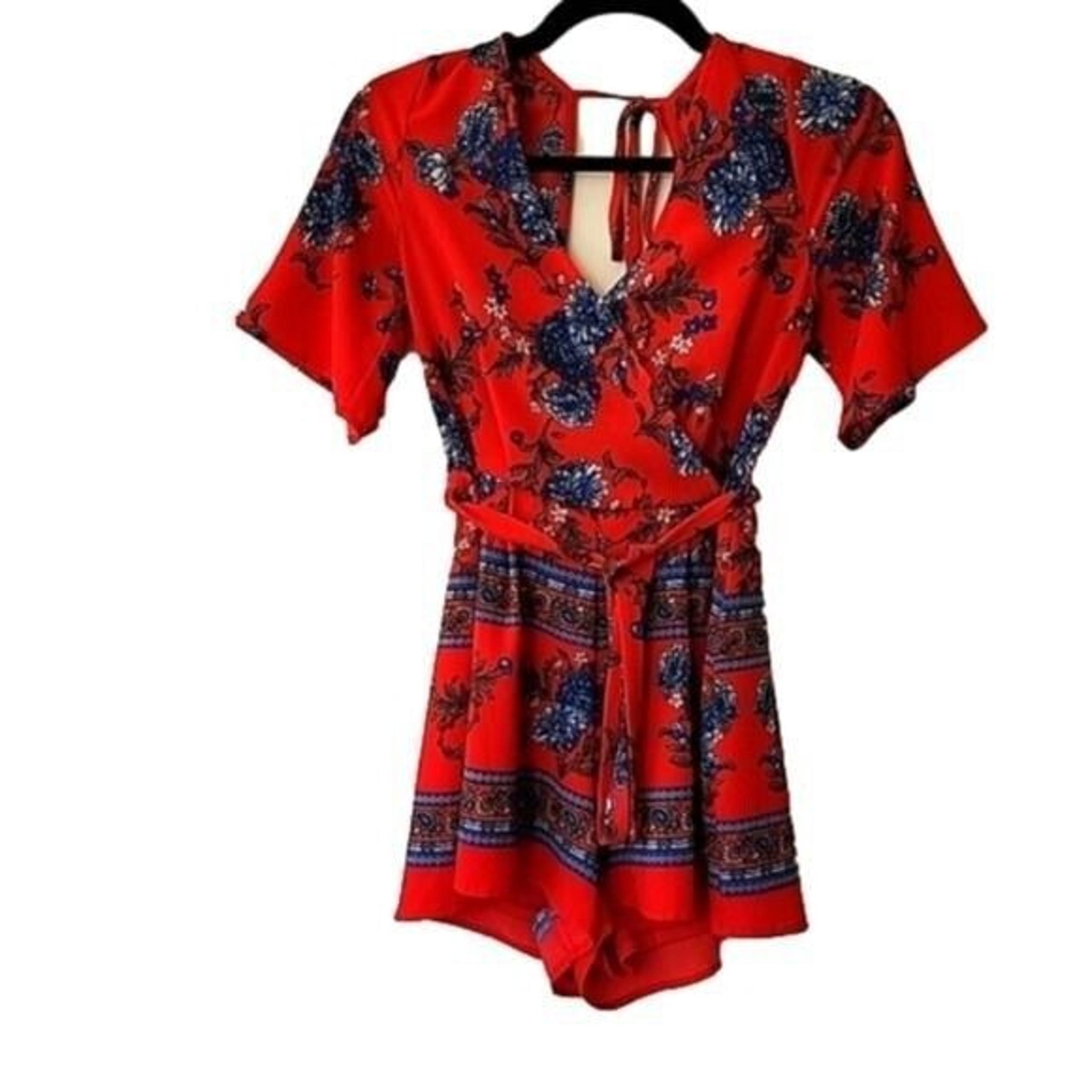 Charlotte Russe Red Floral V-Neck Shorts Romper Boho Festival Women's XS