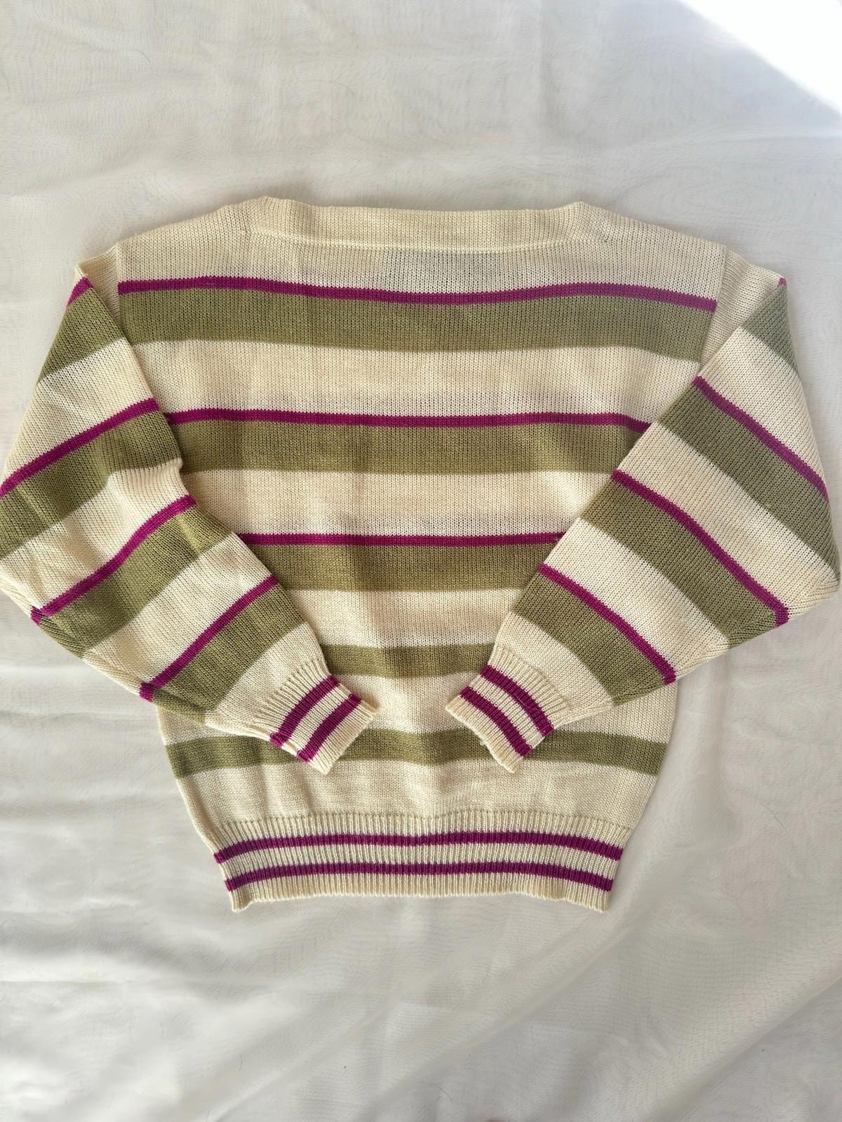 Vintage Striped Green Pink And White Cuff Long Sleeve Acrylic Sweater Preppy