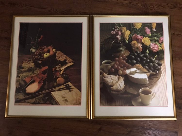 Set Of 2 Wine,grapes, Cheese And Violin