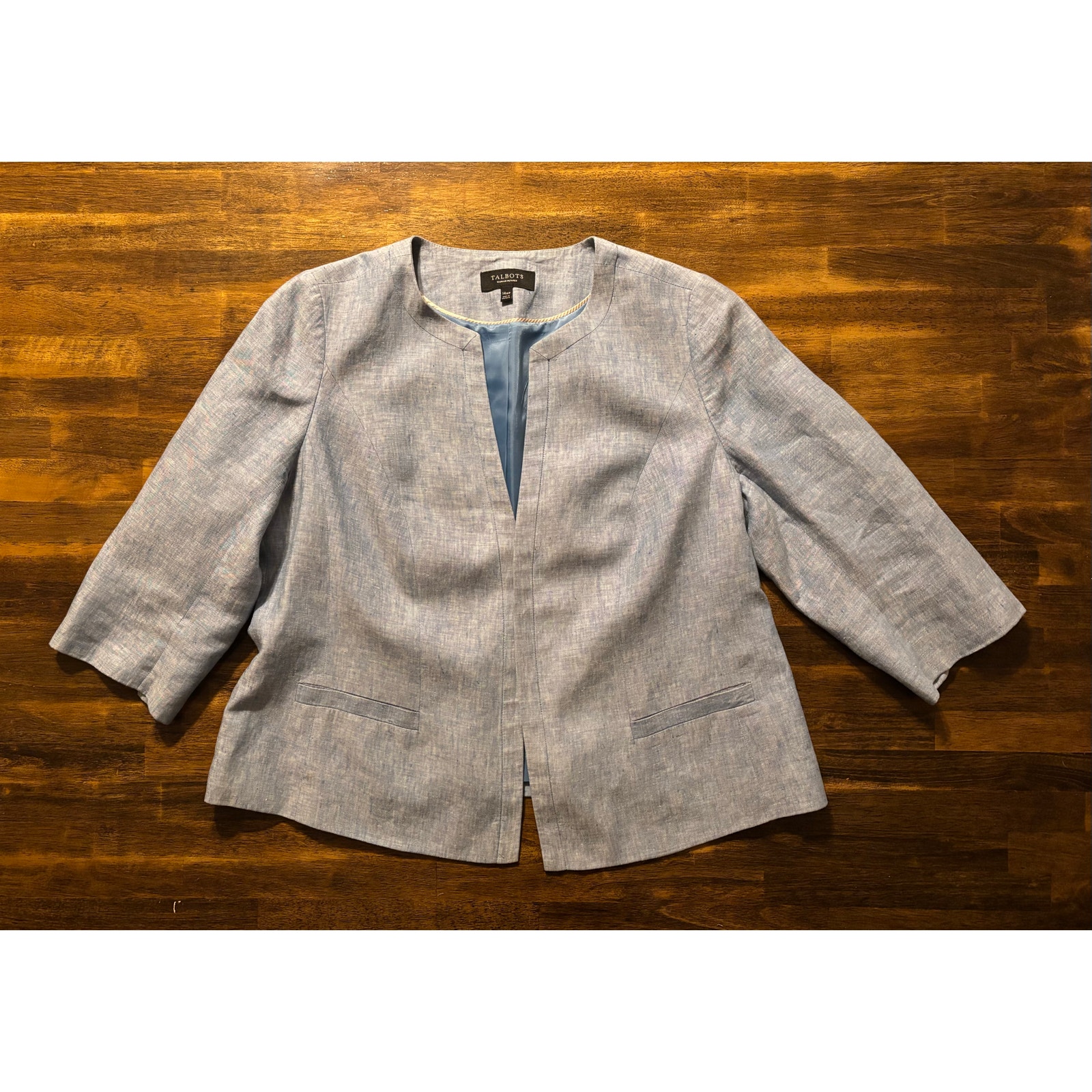 Talbots Women's 14 Petite Linen Blazer Blue Satin Lined Open Front Light Blue