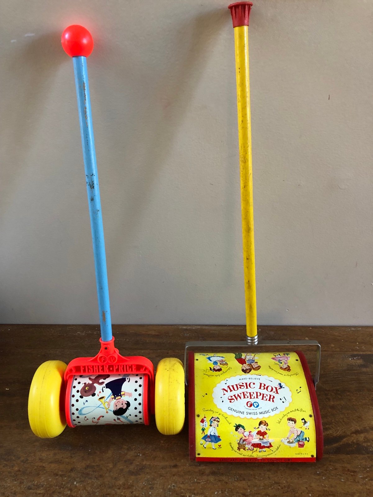 Vintage Fisher Price Toys 1963 Roller Push Chime And Music Box Sweeper