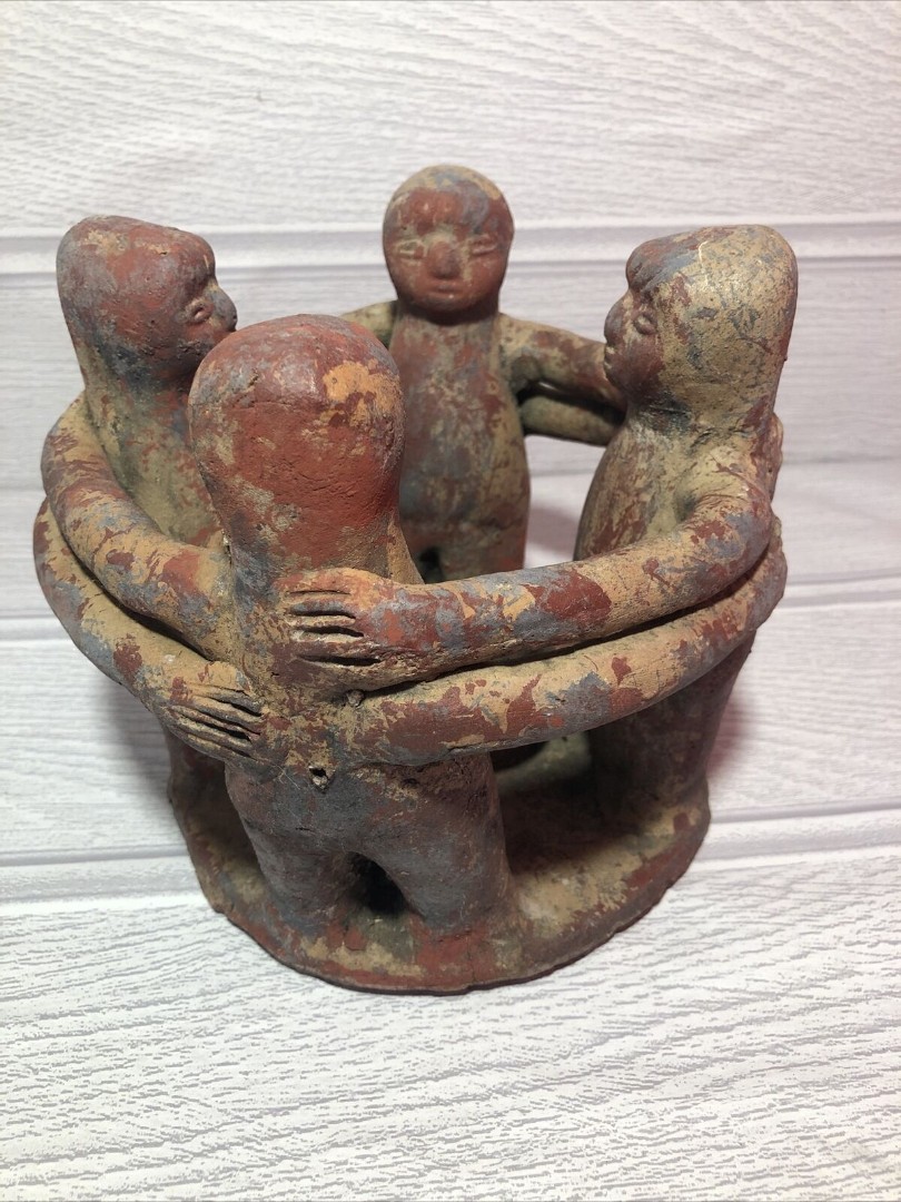 Aztec Mayan Folk Art Clay Pottery Circle Of Friends (4) Candle Holder Statue