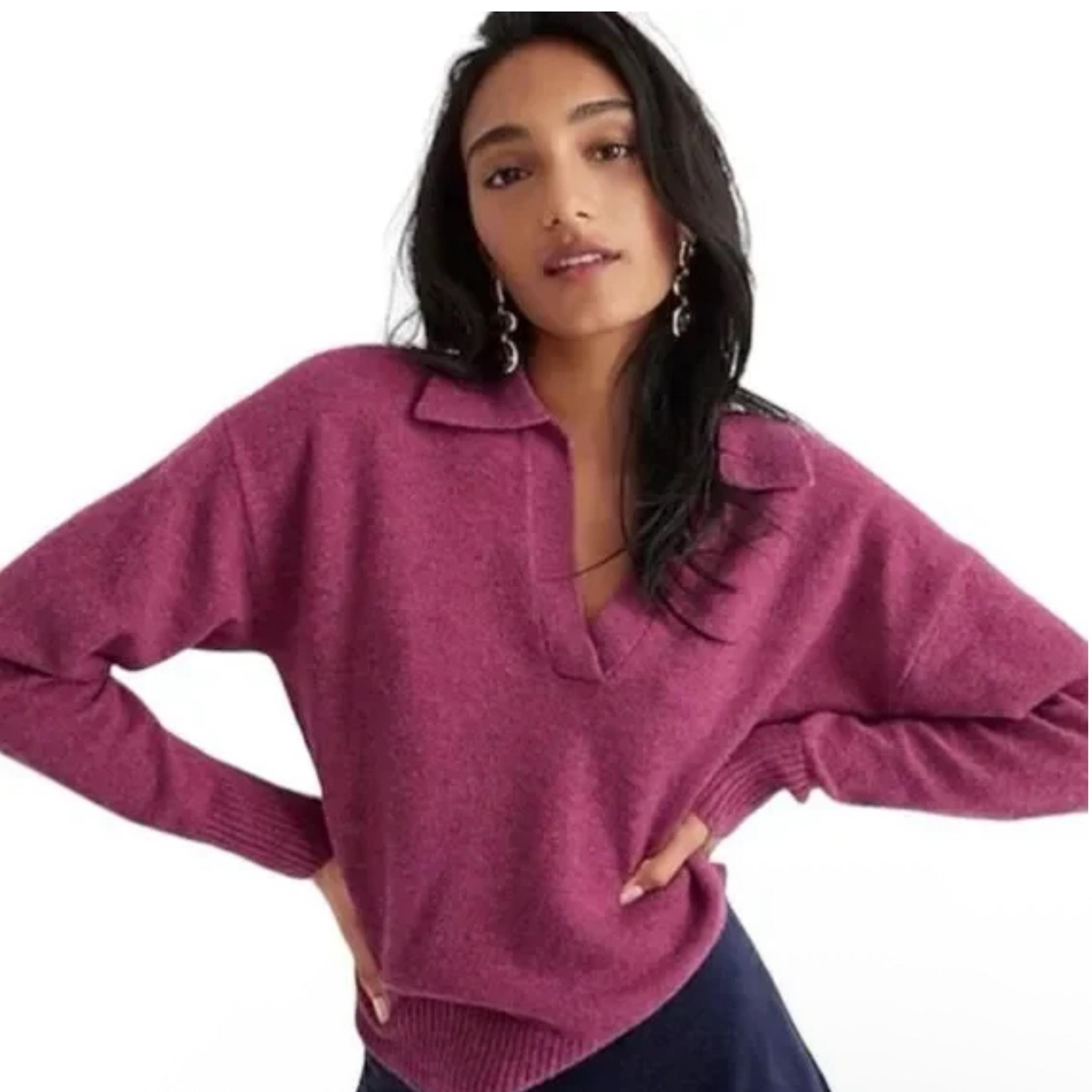 J. Crew Collared V Neck Sweater Large Supersoft Yarn wool alpaca berry burgundy
