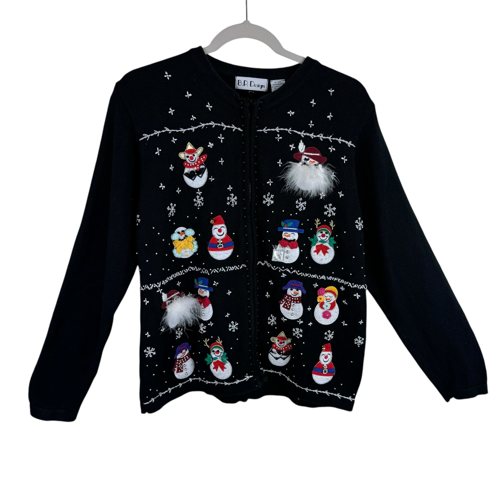BP Design Vintage Black Full Zip Snowman Snowflake Christmas Sweater Cardigan L